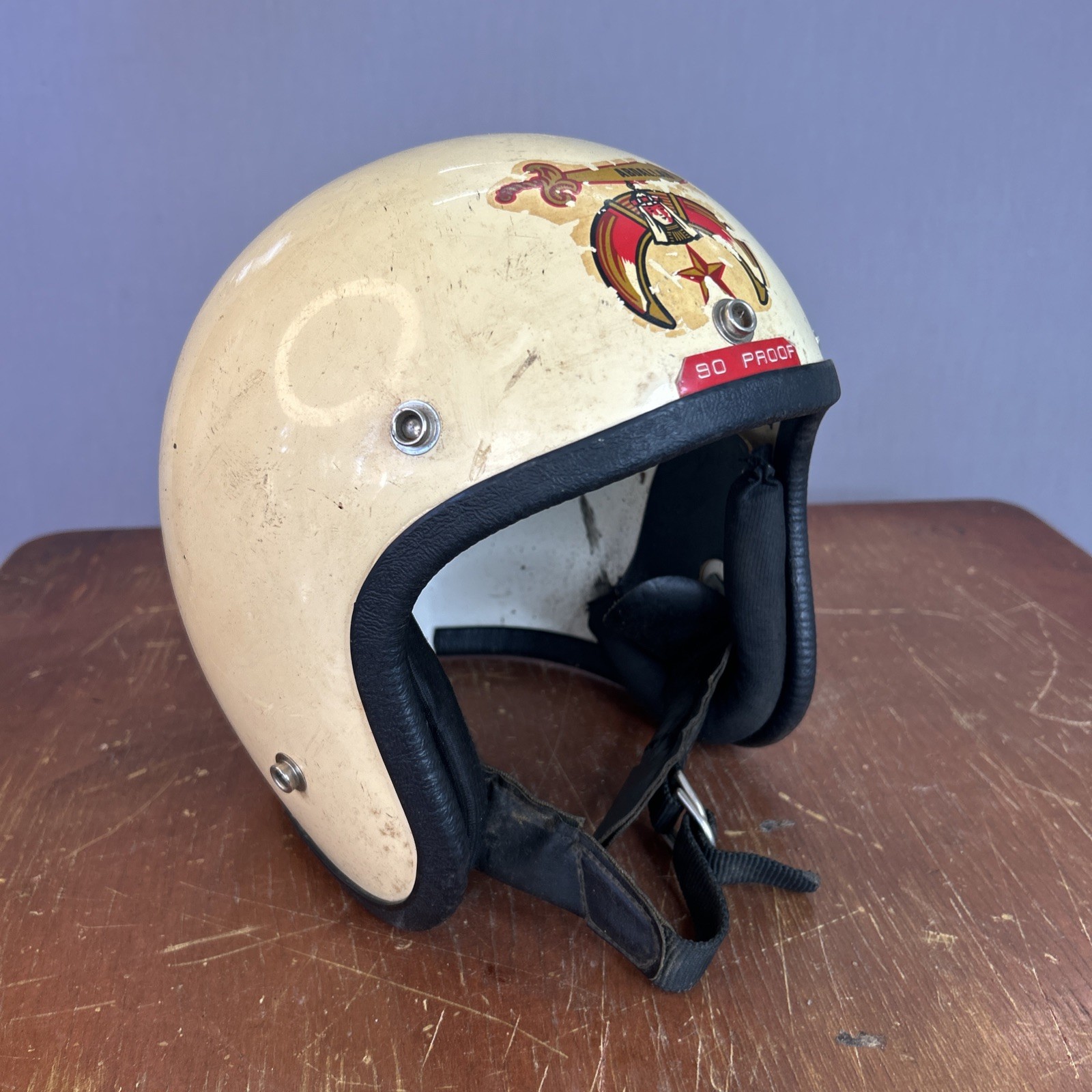 Vintage A.I.M. H301 Motorcycle Helmet Abdallah Shriners Open Face Cream 90 Proof