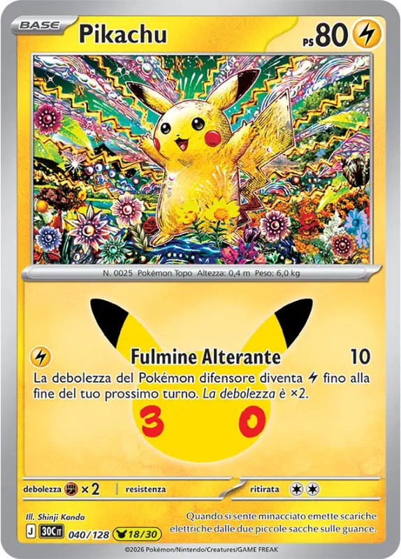 Pikachu 040/128 Pokemon 30th Anniversary ITA NM Pikachu 040/128 Pokemon 30th Anniversary ITA NM
