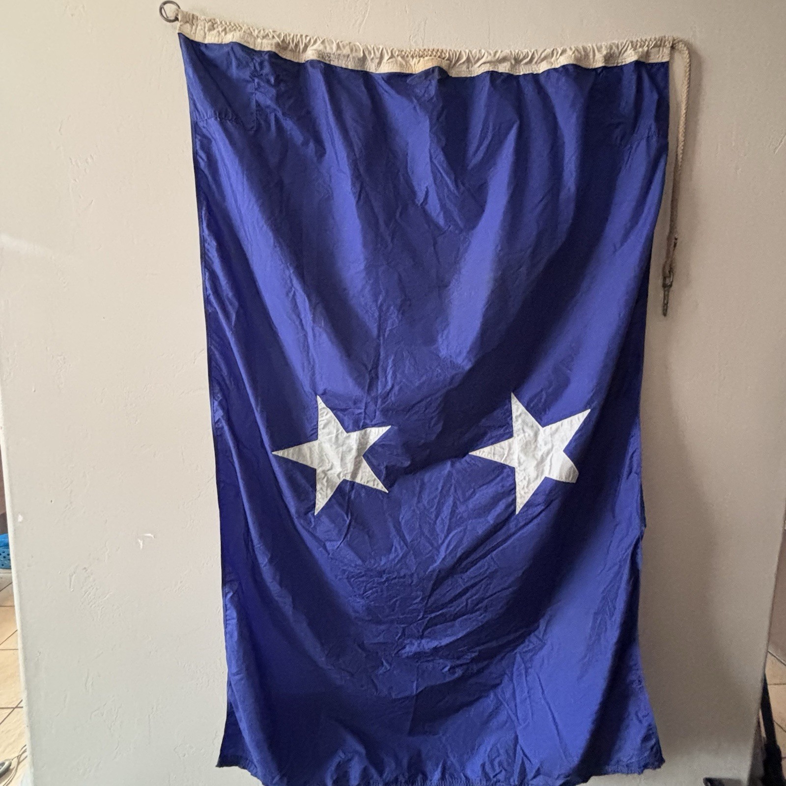 Vintage US Navy Rear Admiral 2-Star Flag Blue Nylon/Wool Seaman Rope L58”xW42.5” Vintage US Navy Rear Admiral 2-Star Flag Blue Nylon/Wool Seaman Rope L58”xW42.5”