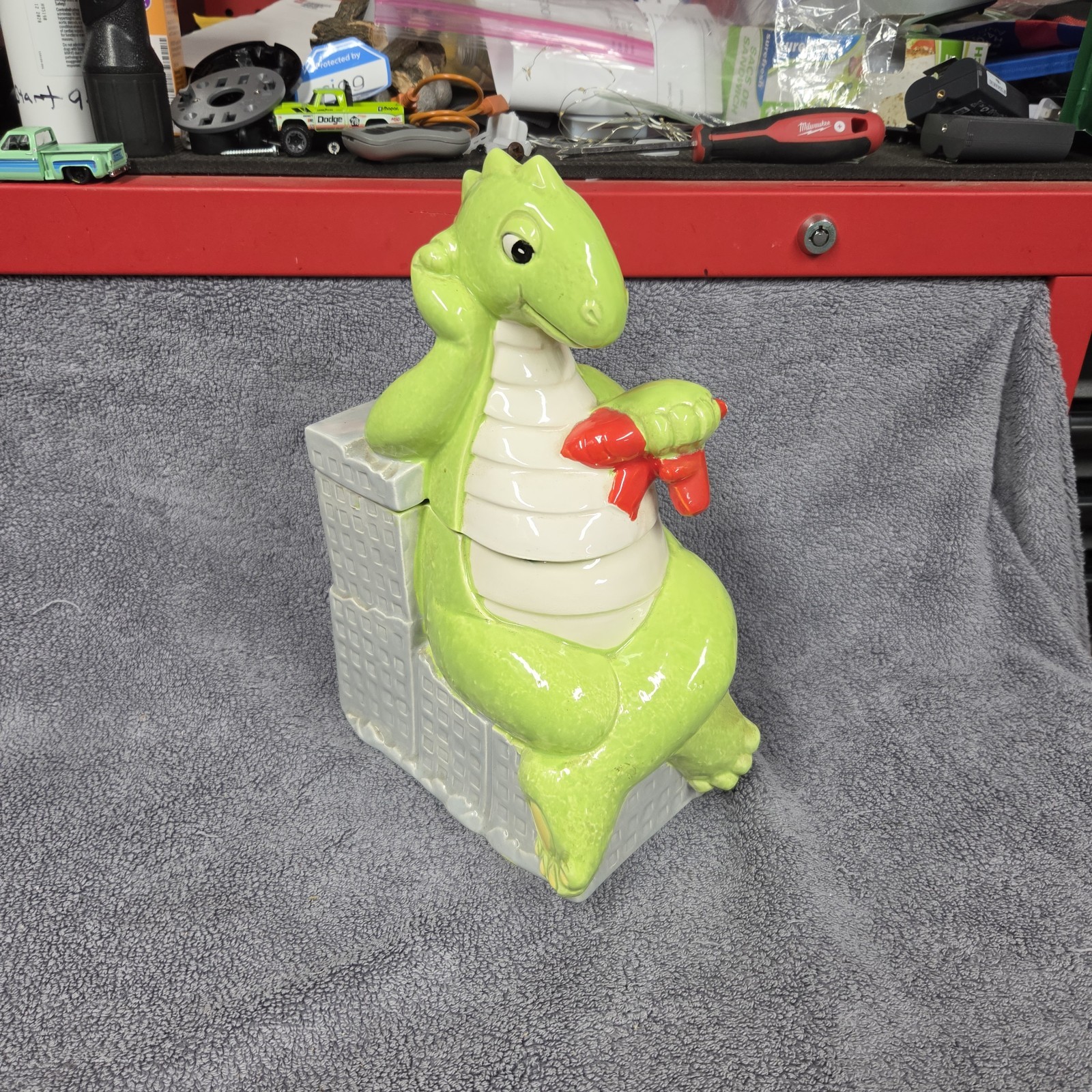 Rare Godzilla Cookie Jar Caricature Made In Japan Ceramic Resting & Eating Plane