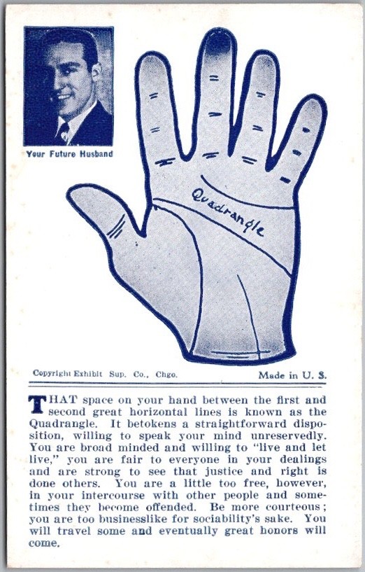 c1930s Palm-Reading FORTUNE Arcade Card "The Quadrangle" Exhibit Supply Co. c1930s Palm-Reading FORTUNE Arcade Card "The Quadrangle" Exhibit Supply Co.