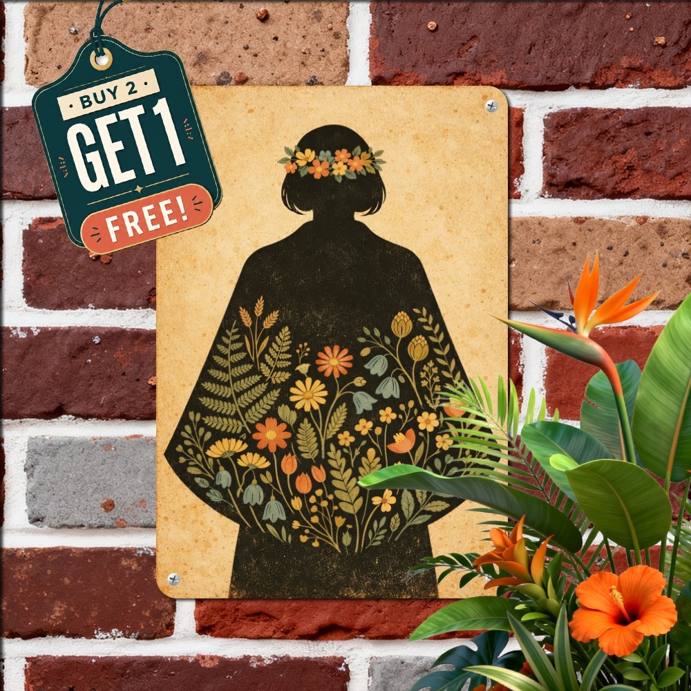 Vintage Lady in Floral Shawl Cape Tin Sign Retro Fashion Portrait Plaque Vintage Lady in Floral Shawl Cape Tin Sign Retro Fashion Portrait Plaque