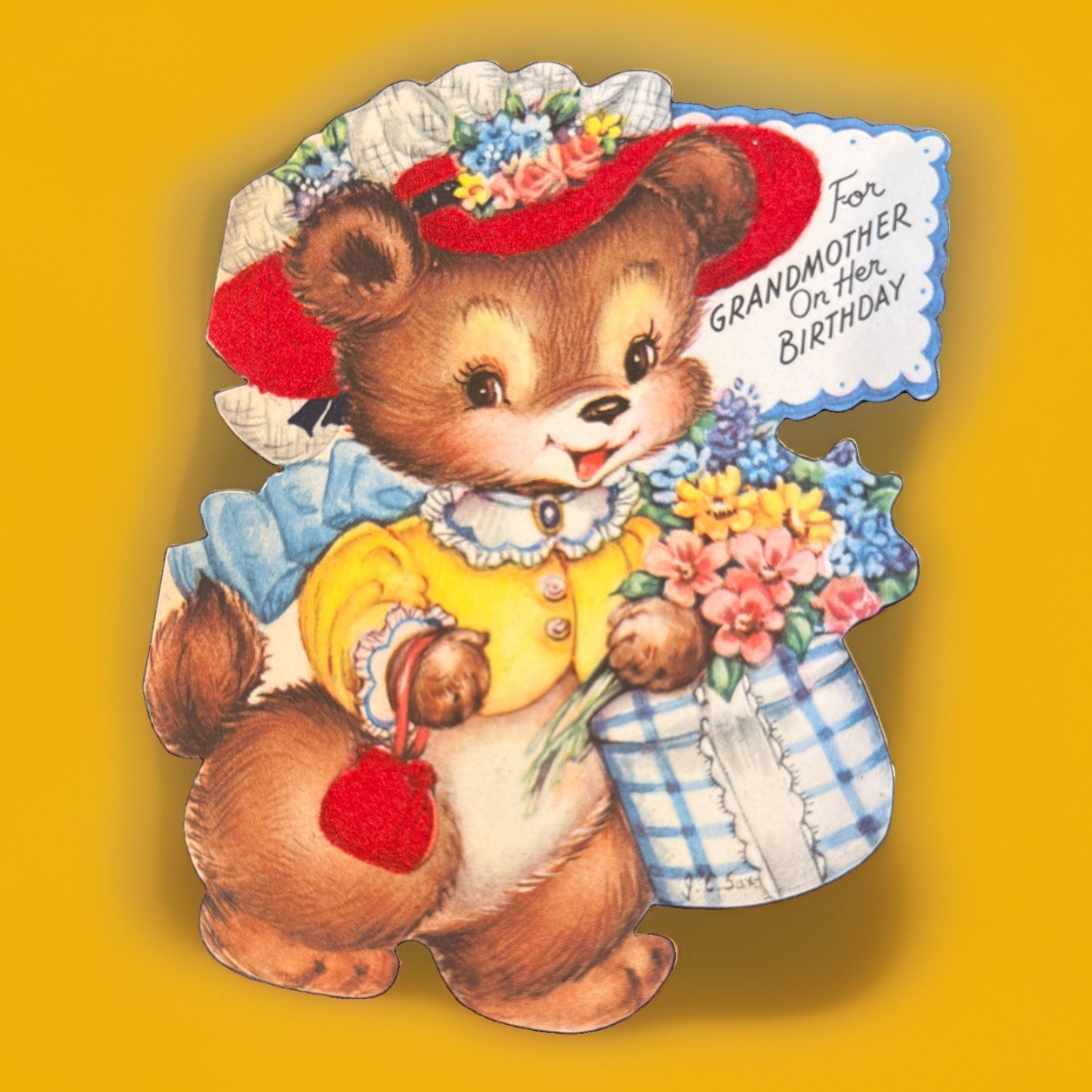 Vintage 1950s Die Cut Birthday Card Grandmother Bear Flowers Day-Glo Pat 2417384 Vintage 1950s Die Cut Birthday Card Grandmother Bear Flowers Day-Glo Pat 2417384