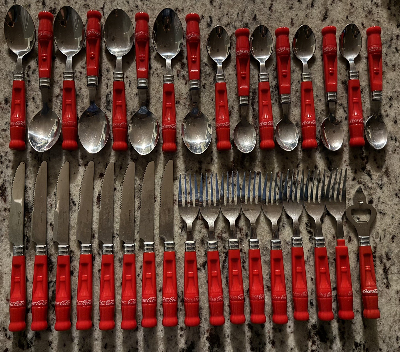 Vintage Coca-Cola Gibson Flatware Set. 32 pieces plus bottle opener & caddy. 