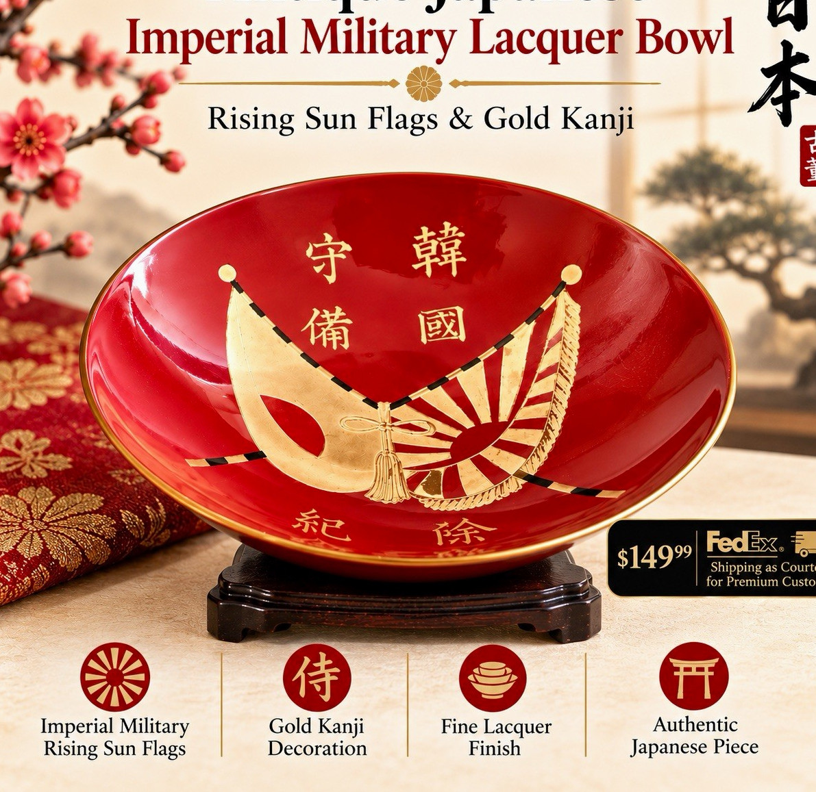 Antique Japanese Imperial Military Lacquer Bowl – c. 1900–1930 – Rising Sun Flag Antique Japanese Imperial Military Lacquer Bowl – c. 1900–1930 – Rising Sun Flag