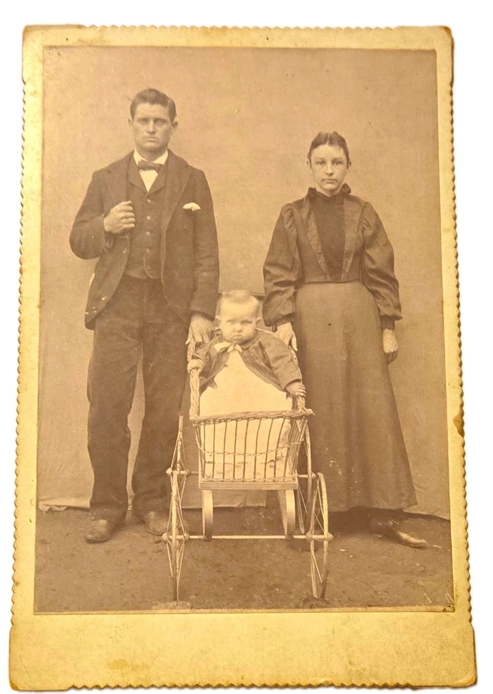 Antique 1890s 1900s Photo Family Portrait Baby Wicker Stroller Buggy Pinned Edge Antique 1890s 1900s Photo Family Portrait Baby Wicker Stroller Buggy Pinned Edge