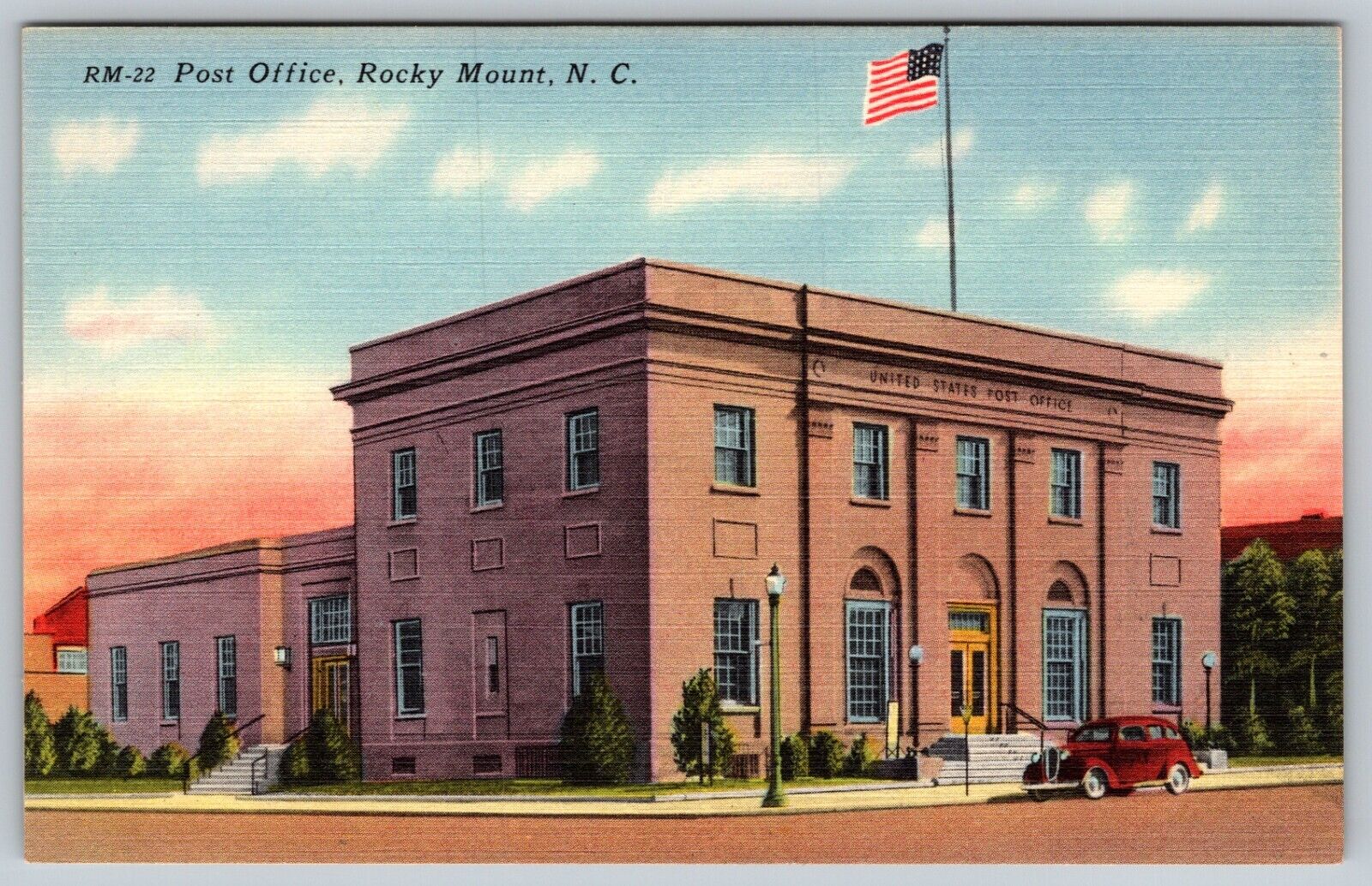 Street View Post Office Rocky Mount Old Car Flag Sunset Linen Vintage Postcard