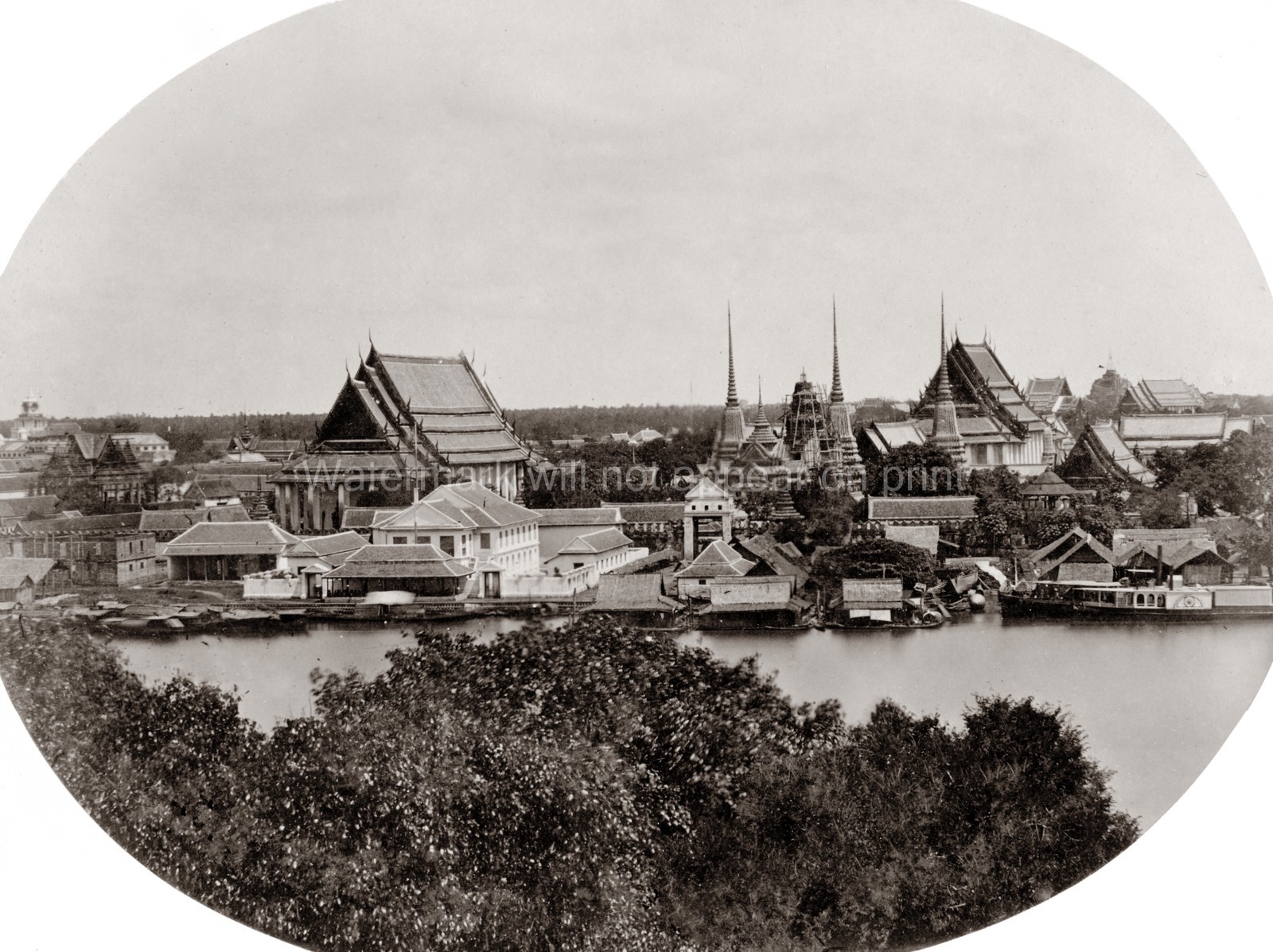 Bangkok Siam Thailand Wat Pho Temple River View Architecture Vtg. Photo 19thC.