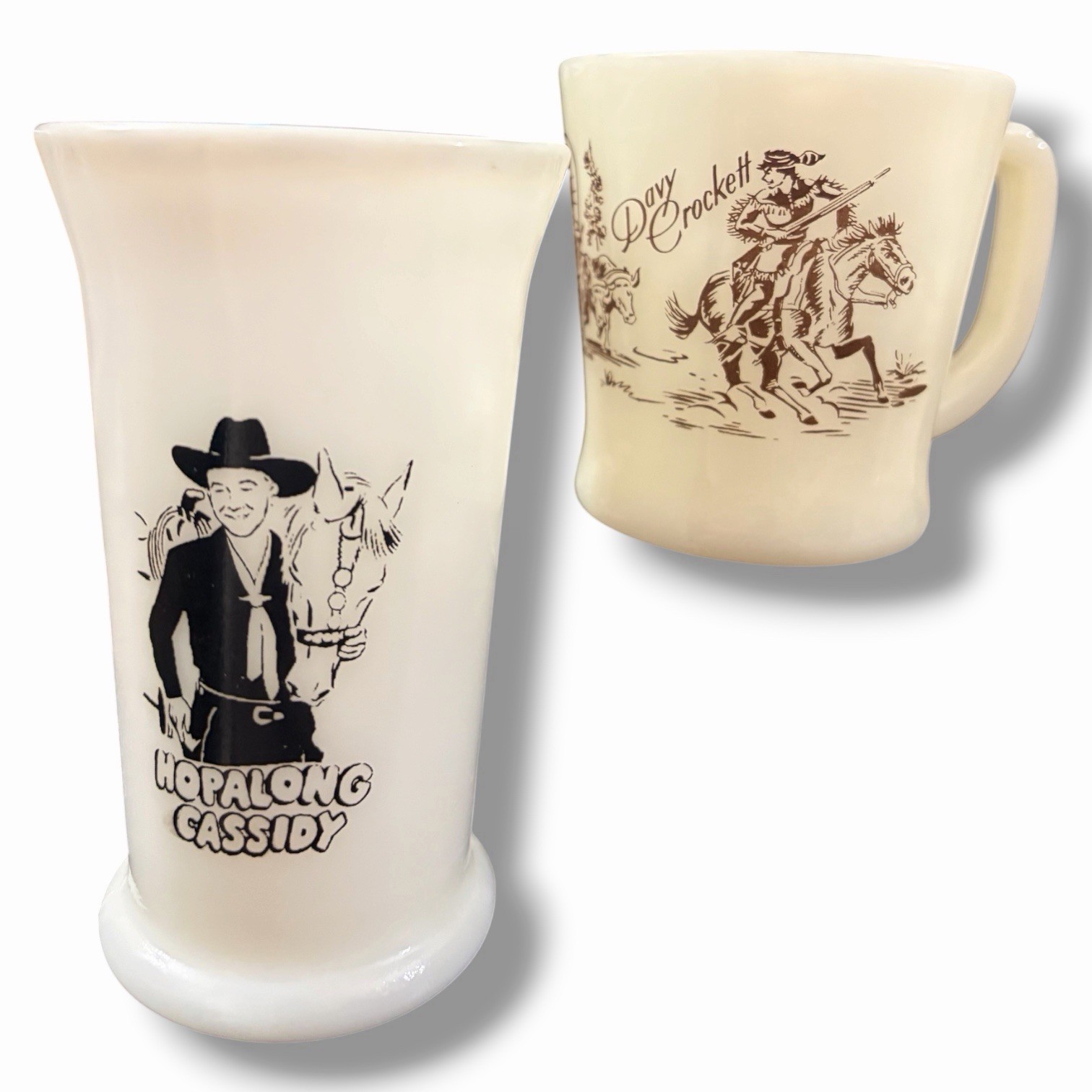 Vintage Hopalong Cassidy Davy Crockett Milk Glass Mug Tumbler Pair 1950s Western Vintage Hopalong Cassidy Davy Crockett Milk Glass Mug Tumbler Pair 1950s Western
