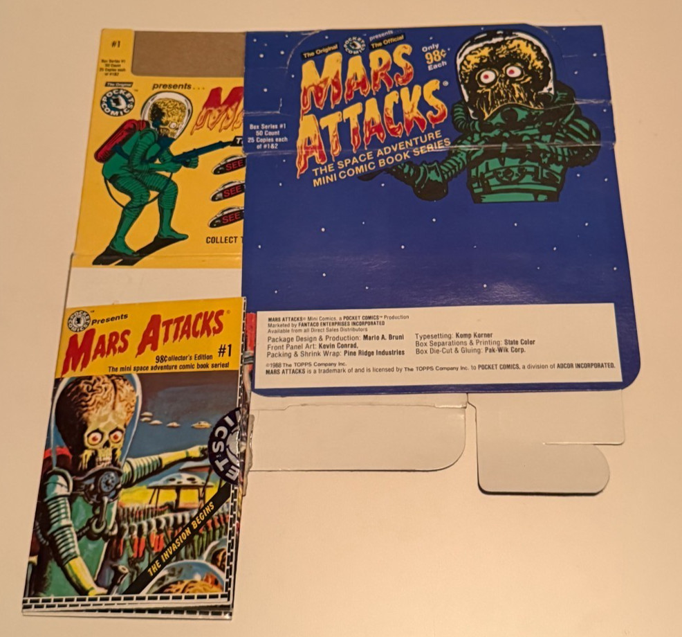 Vtg 1988 Mars Attacks Pocket Comics #1 #2 Set Lot Topps w/ Retail Display Box Vtg 1988 Mars Attacks Pocket Comics #1 #2 Set Lot Topps w/ Retail Display Box