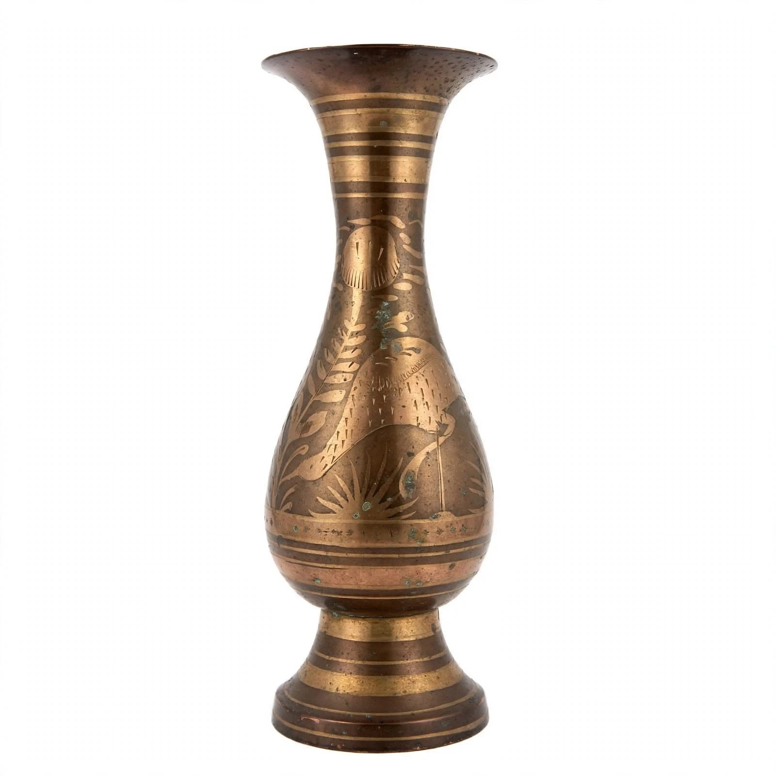 Vintage Handcrafted Etched Brass Vase Bird & Floral Motif 80-90s Middle Eastern Vintage Handcrafted Etched Brass Vase Bird & Floral Motif 80-90s Middle Eastern