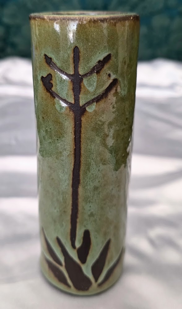 Vintage MCM Japanese OMC Otagiri Mercantile Co Cylinder Vase Incised Stems Vintage MCM Japanese OMC Otagiri Mercantile Co Cylinder Vase Incised Stems