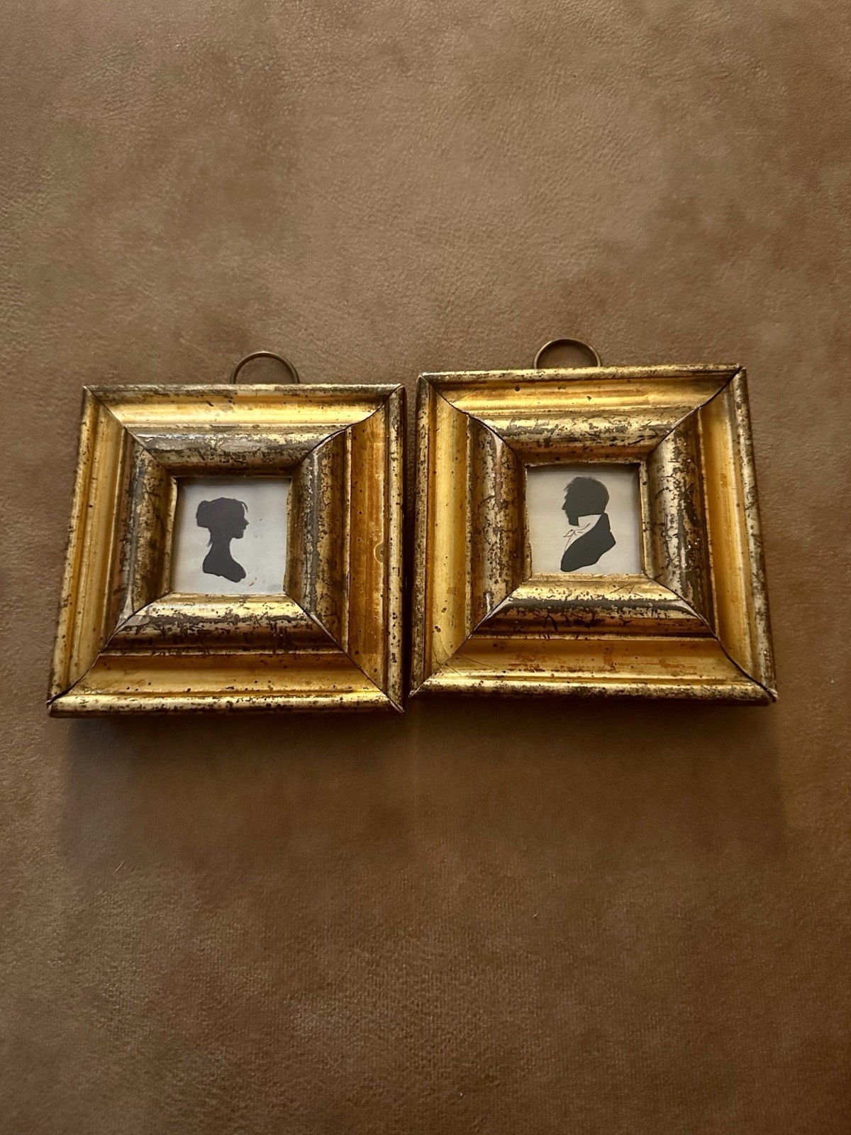 Antique Pair Hollow Cut Silhouettes Man Woman Gilt Frames c.1820 Folk Art 4”x4” Antique Pair Hollow Cut Silhouettes Man Woman Gilt Frames c.1820 Folk Art 4”x4”