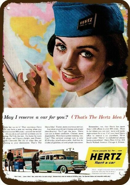 1957 HERTZ Rent A Car Woman Agent Vintage-Look DECORATIVE REPLICA METAL SIGN 1957 HERTZ Rent A Car Woman Agent Vintage-Look DECORATIVE REPLICA METAL SIGN