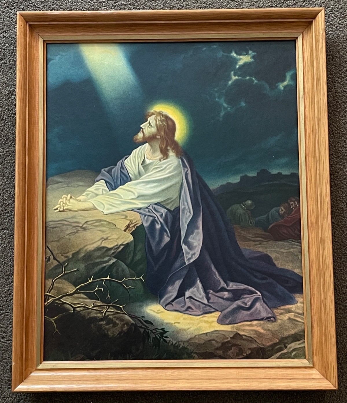 Vtg framed Litho print Jesus praying at the rock Gethsemane religious Art 19x23" Vtg framed Litho print Jesus praying at the rock Gethsemane religious Art 19x23"