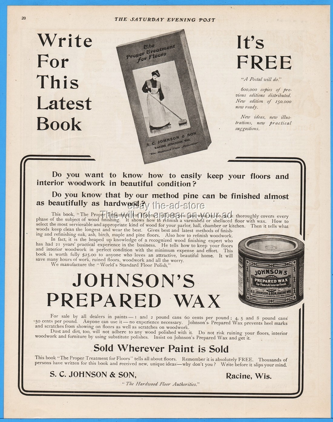 1904 SC Johnson & Son Floor Wax Racine Wisconsin vintage magazine print ad 1904 SC Johnson & Son Floor Wax Racine Wisconsin vintage magazine print ad