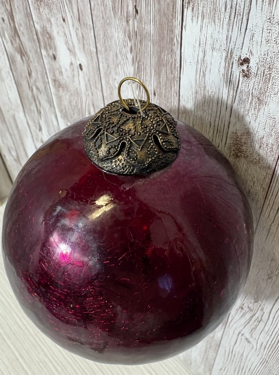 Large Burgundy Red Crackle Glass Christmas Ball Ornament 4 Inch Ornate Cap Large Burgundy Red Crackle Glass Christmas Ball Ornament 4 Inch Ornate Cap