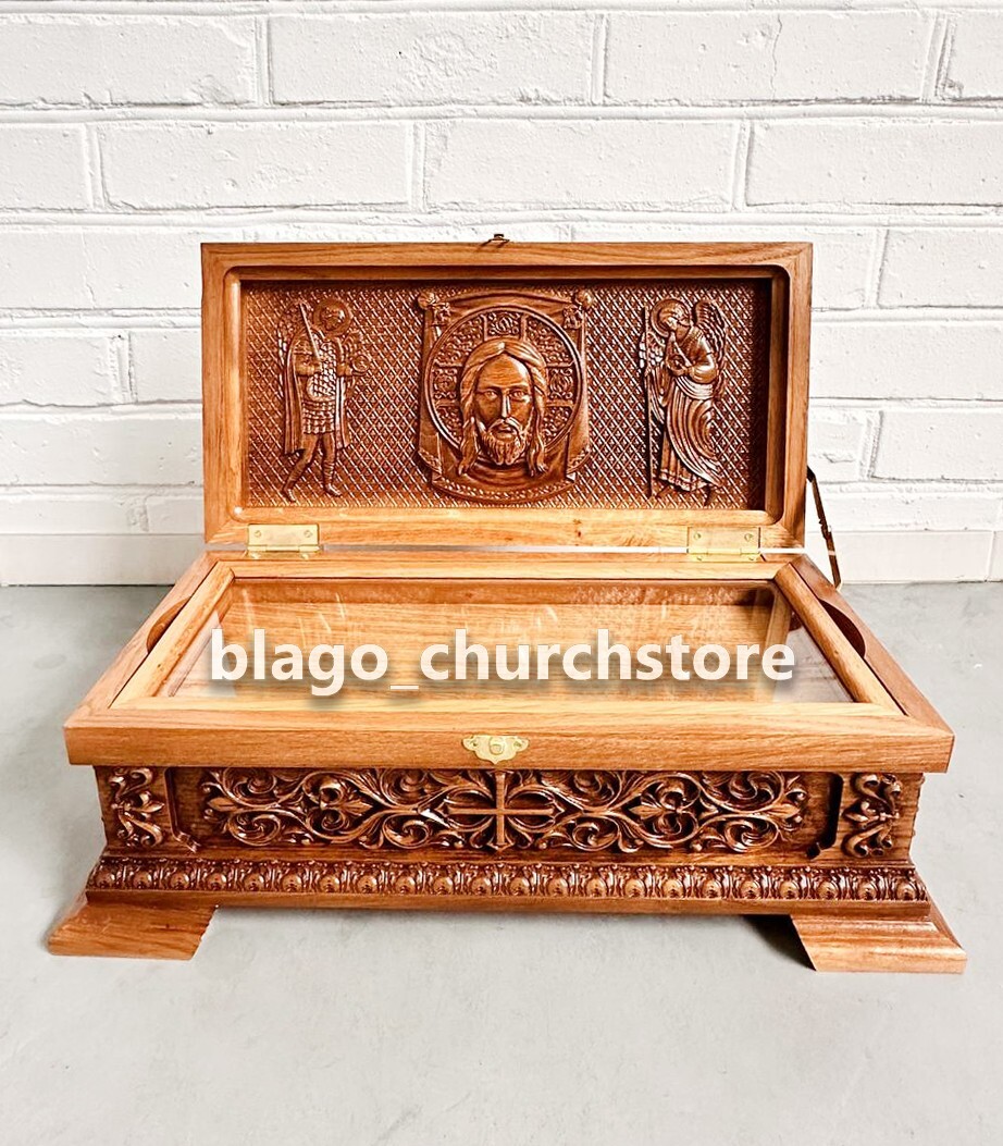Orthodox Reliquary Box Wood Carved Ark with icon Saviour and Angels 16.92"