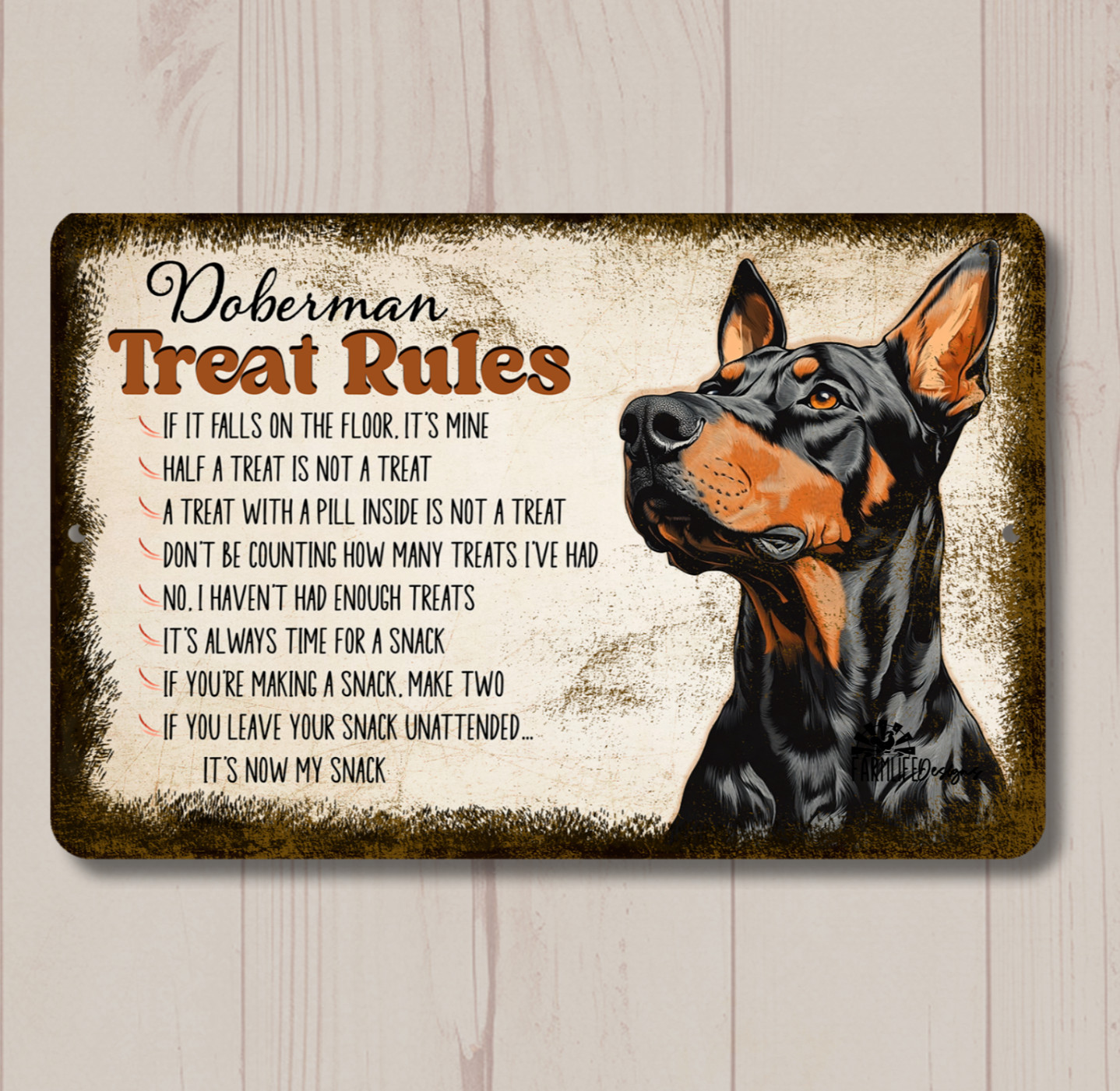 Doberman Treat Rules Sign dog snack metal tin funny wall art gift handmade Doberman Treat Rules Sign dog snack metal tin funny wall art gift handmade
