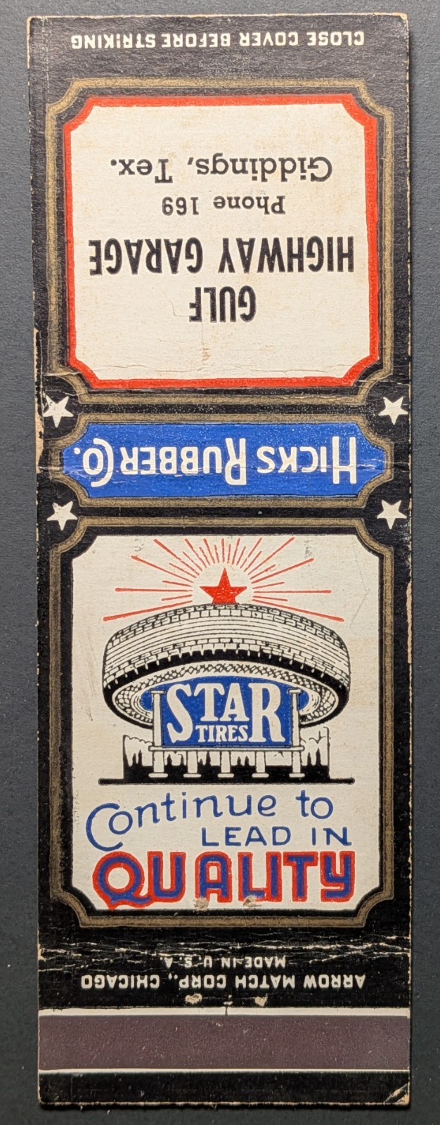 Vintage Star Tires Car Auto Giddings Texas Matchbook Cover