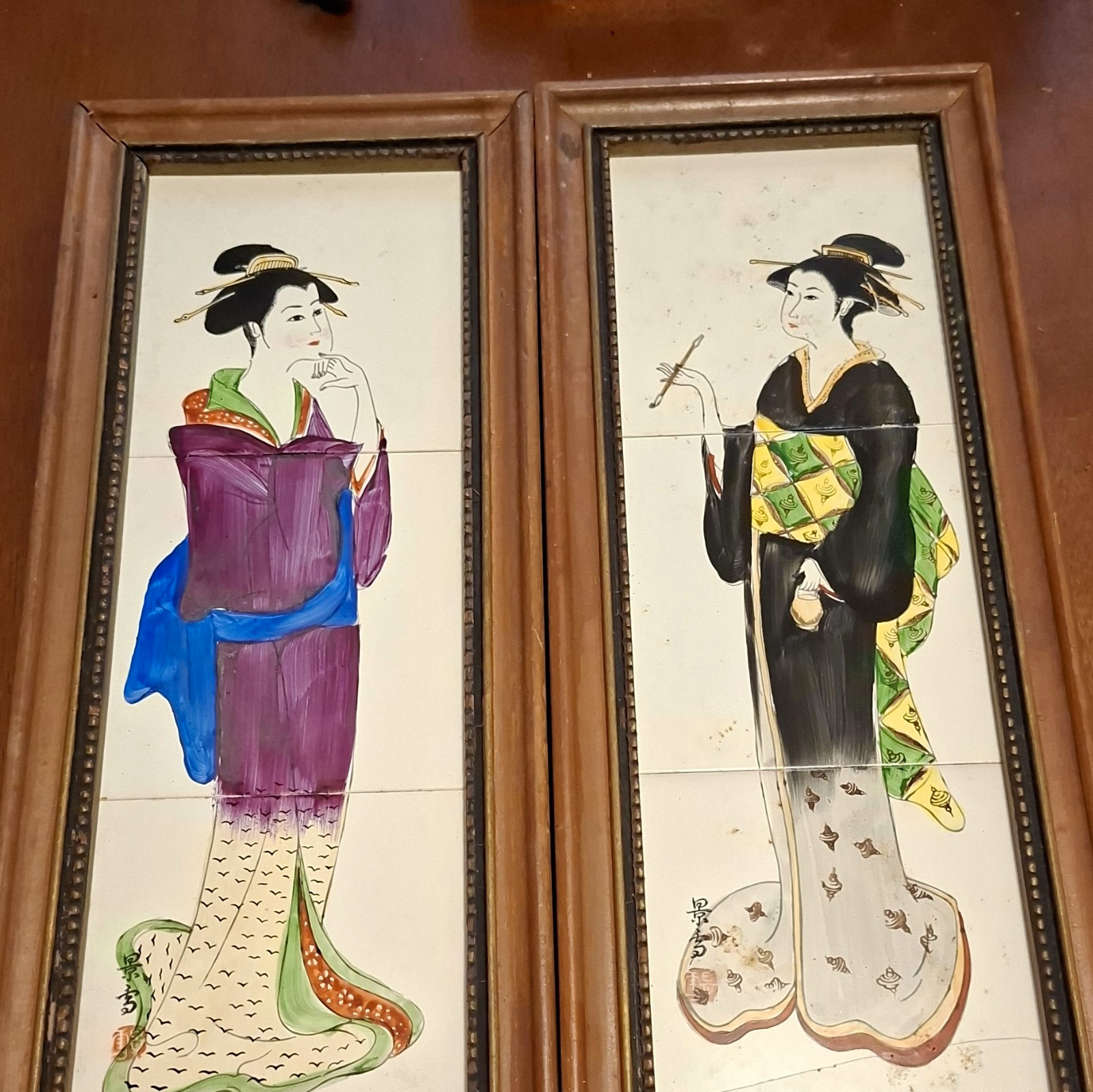 2 Pcs Vintage MCM Enesco Japanese Geisha Tile Wall Plaques Hand Painted Japan 2 Pcs Vintage MCM Enesco Japanese Geisha Tile Wall Plaques Hand Painted Japan