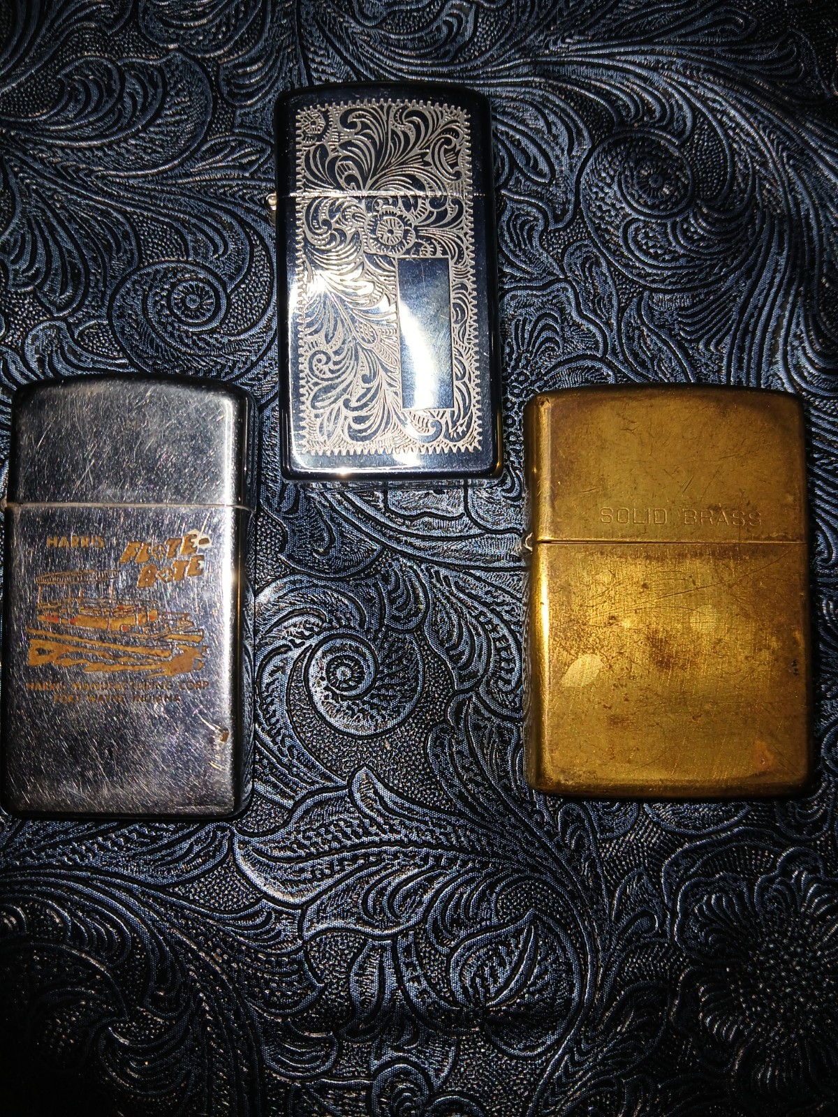 VTg Zippo Lighter Silver Solid Brass RARE Harris Flote Bote Promo Engraved Flora VTg Zippo Lighter Silver Solid Brass RARE Harris Flote Bote Promo Engraved Flora