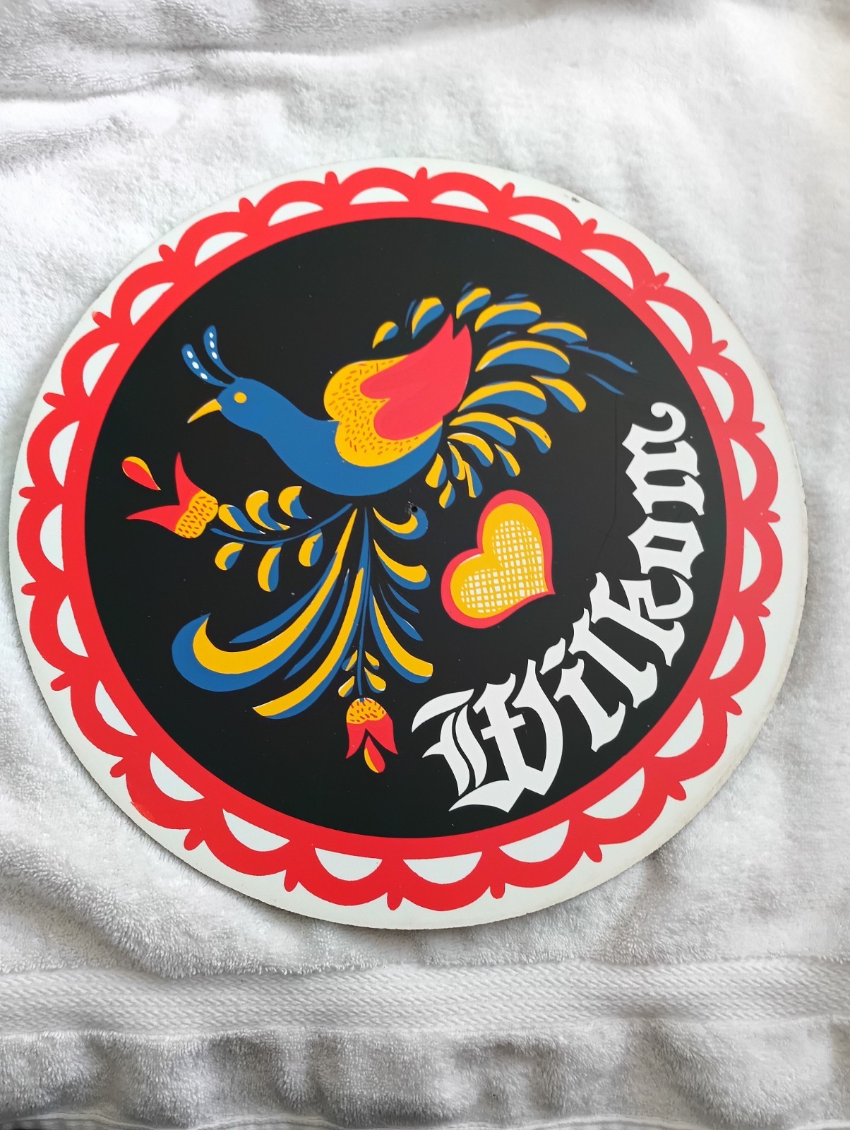 15 3/4" Vintage Wilcom Welcome PA Dutch Large Round Folk Art Hex Sign