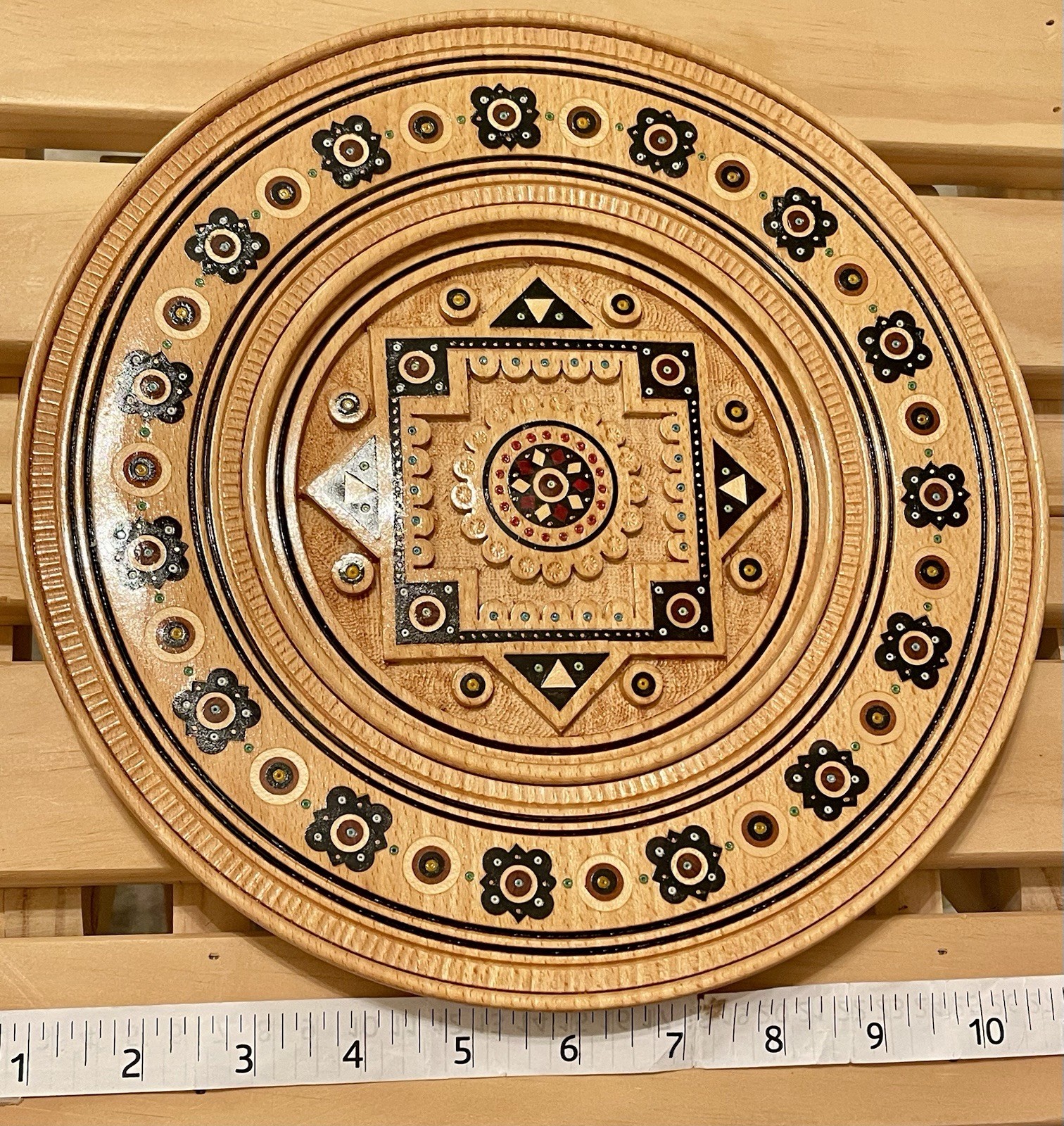 Vintage Ukrainian Hutsul Hand-Carved Wooden Plate Copper Pin Inlay Folk Art Vintage Ukrainian Hutsul Hand-Carved Wooden Plate Copper Pin Inlay Folk Art