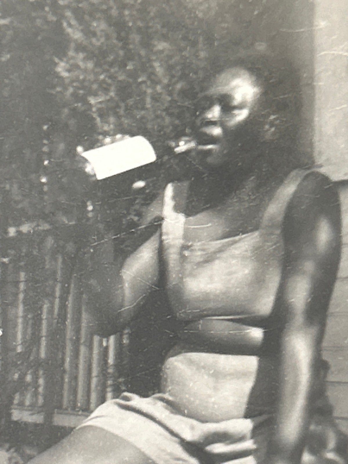 1940s African American Woman Swimsuit Bottle Porch B&W Photo Black Americana 1940s African American Woman Swimsuit Bottle Porch B&W Photo Black Americana