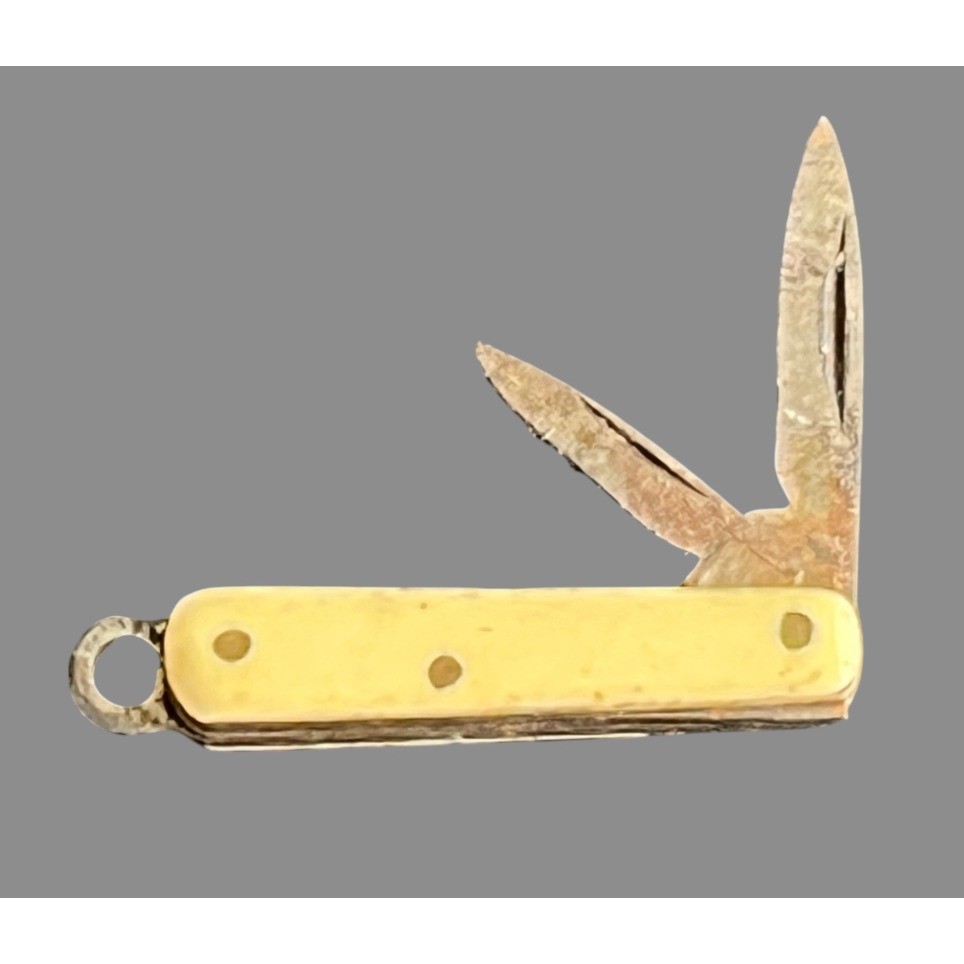 Super Tiny Mini MINIATURE POCKET KNIFE Two-Blade 1" Long Cream Color w/Bail