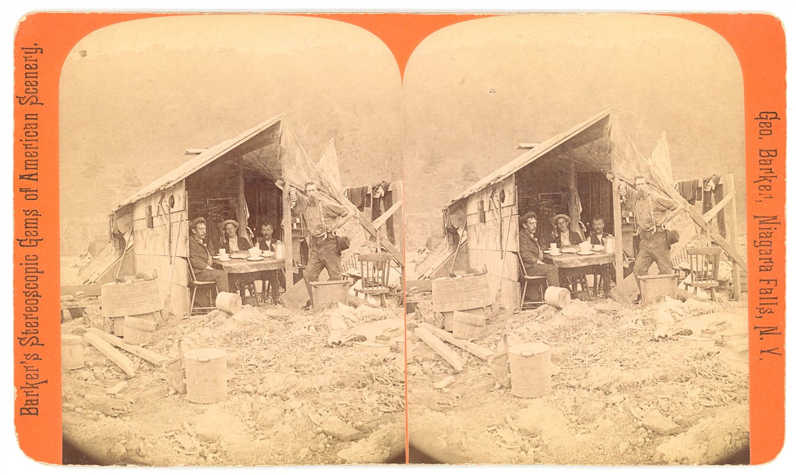 PENNSYLVANIA STEREOVIEW - Johnstown Flood - Men Living in Shack - Barker c1889