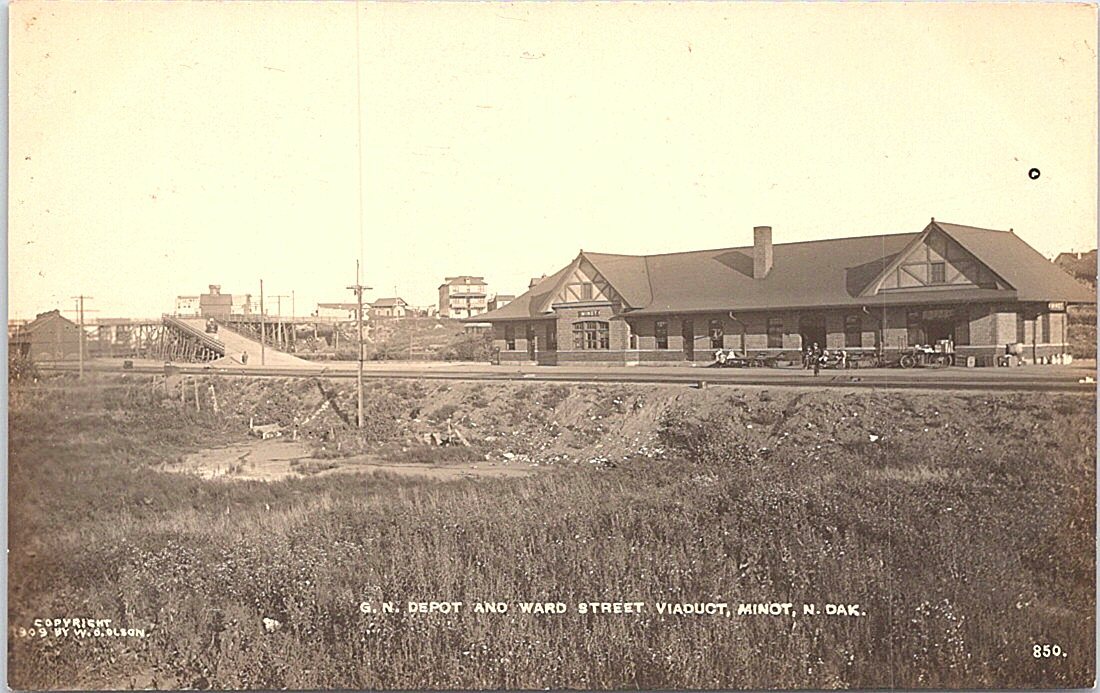 RPPC Minot North Dakota Street Scene Railroad Depot & Viaduct 1909 RPPC Minot North Dakota Street Scene Railroad Depot & Viaduct 1909