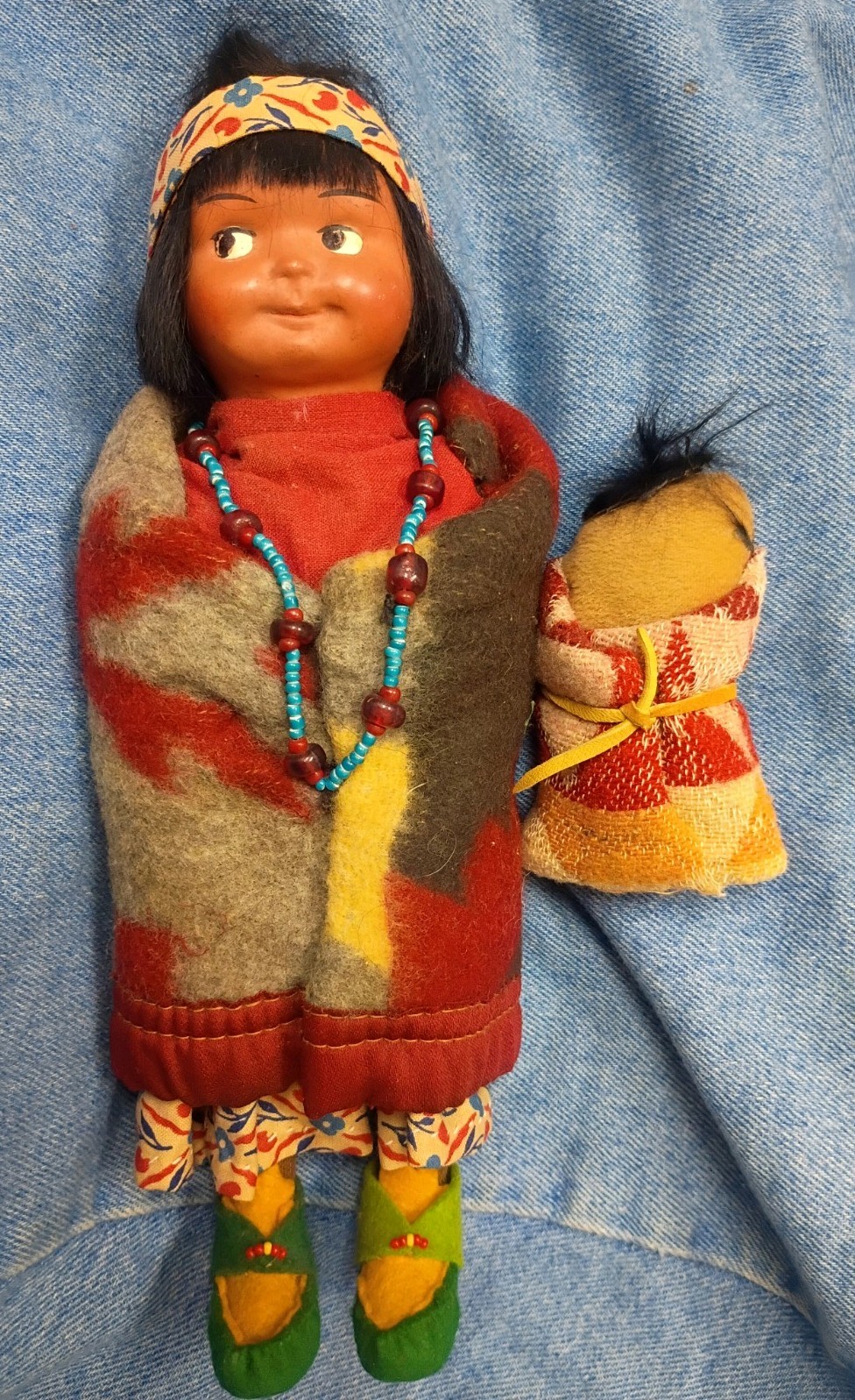 Vintage ~ 1940s Early Native American Skookum Mother Doll & Baby Papoose 
