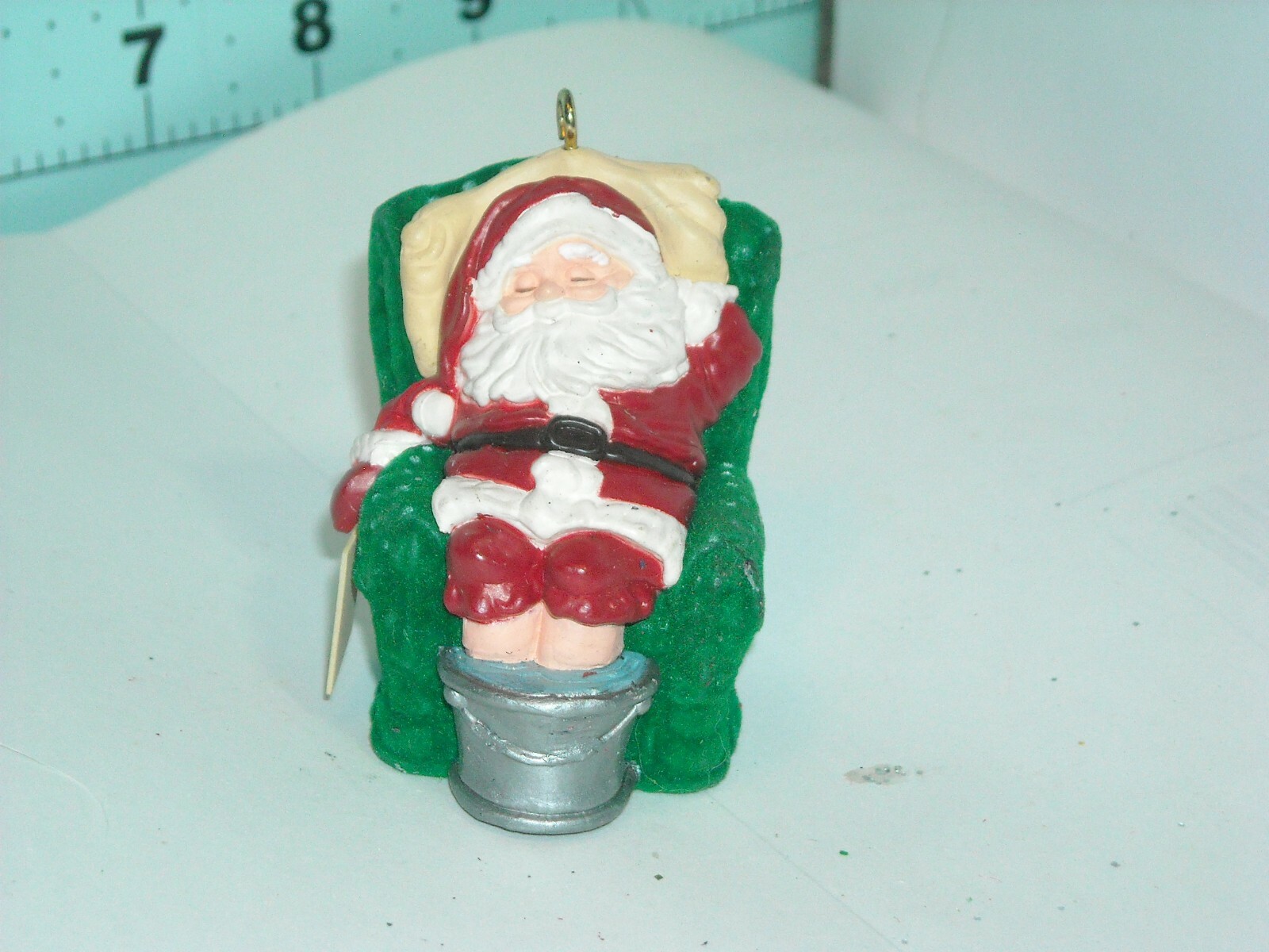 1987 Hallmark Keepsake Ornament exhausted Santa sleeping flocked chair soaking 1987 Hallmark Keepsake Ornament exhausted Santa sleeping flocked chair soaking