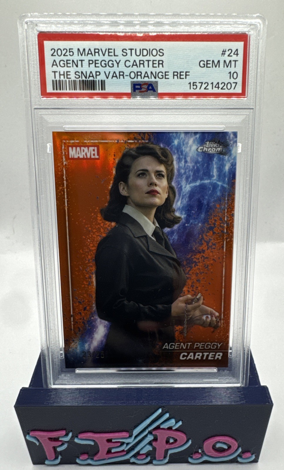 2025 Topps Chrome Marvel Orange Refractor Agent Peggy Carter 23/25 PSA 10 2025 Topps Chrome Marvel Orange Refractor Agent Peggy Carter 23/25 PSA 10