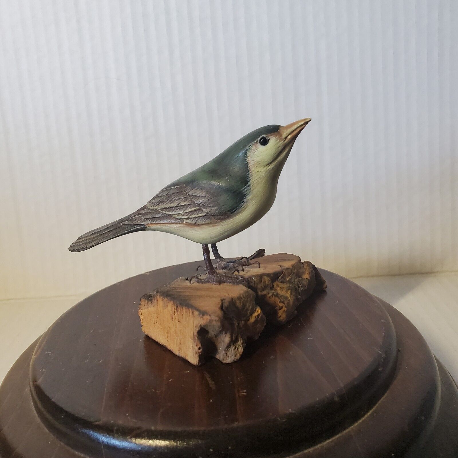 Handcarved Wooden Bird Figurine Songbird On Burlwood Driftwood Signed 3\