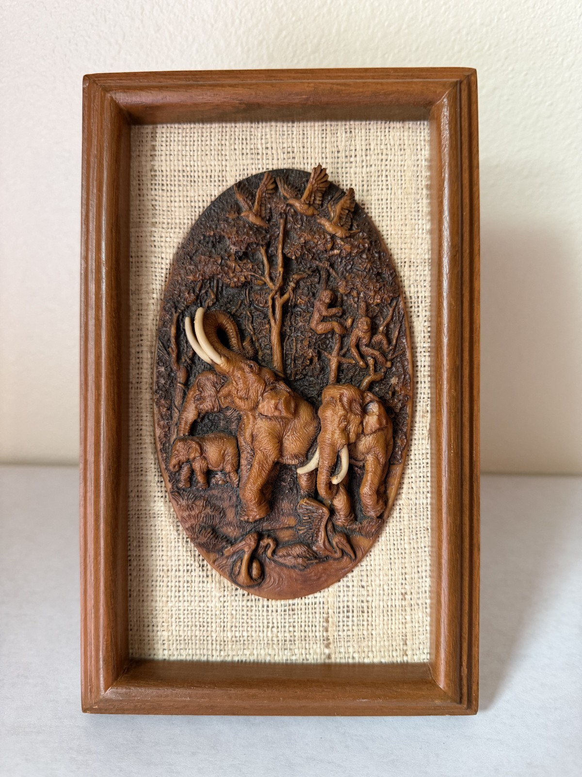 MCM Vintage Thai Miniature Elephant Carving on Jute in Teak Frame
