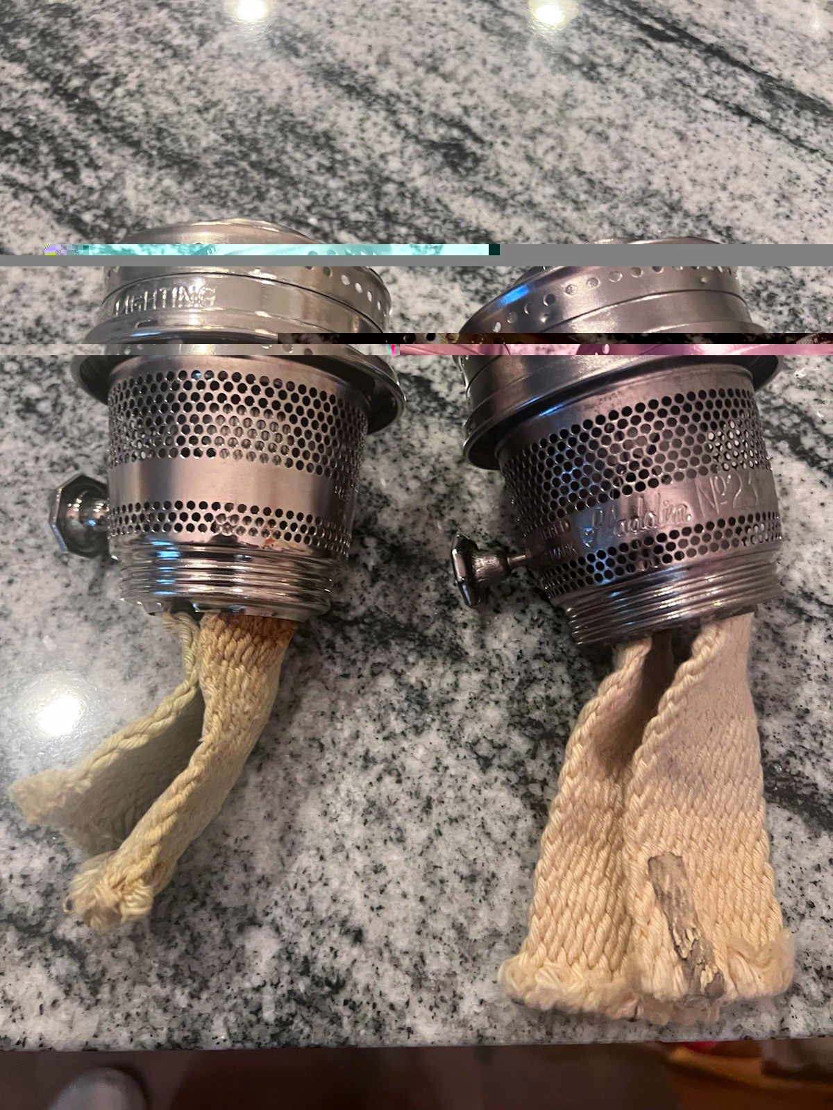 Pair of Aladdin Model 23 Chrome Oil Lamp Burners with Wicks Pair of Aladdin Model 23 Chrome Oil Lamp Burners with Wicks