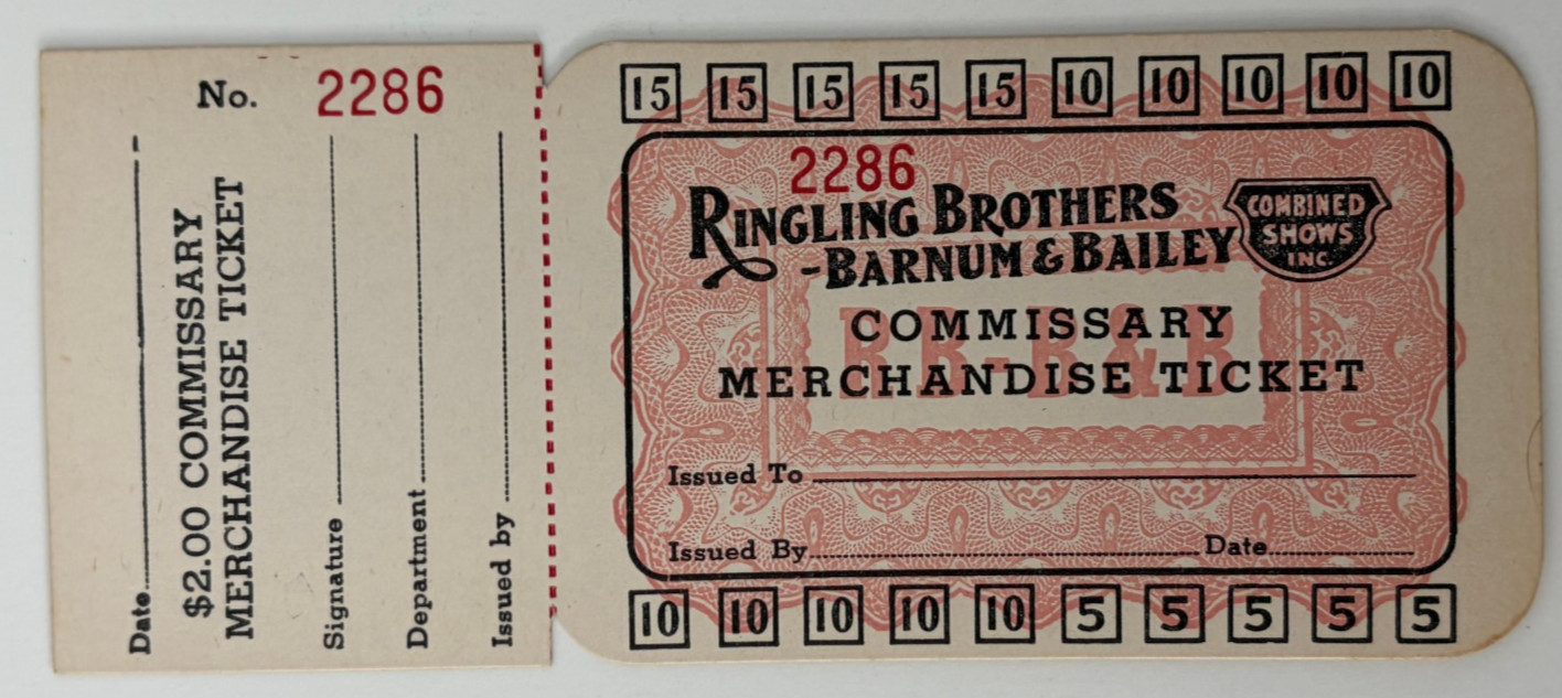 c.1930s Ringling Brothers Barnum Bailey Circus Commissary Ticket c.1930s Ringling Brothers Barnum Bailey Circus Commissary Ticket