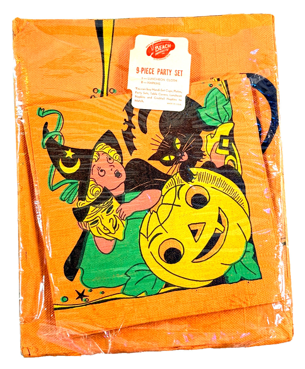 RARE vtg Beach Party Set Halloween napkin tablecloth NOS open witch pumpkin RARE vtg Beach Party Set Halloween napkin tablecloth NOS open witch pumpkin