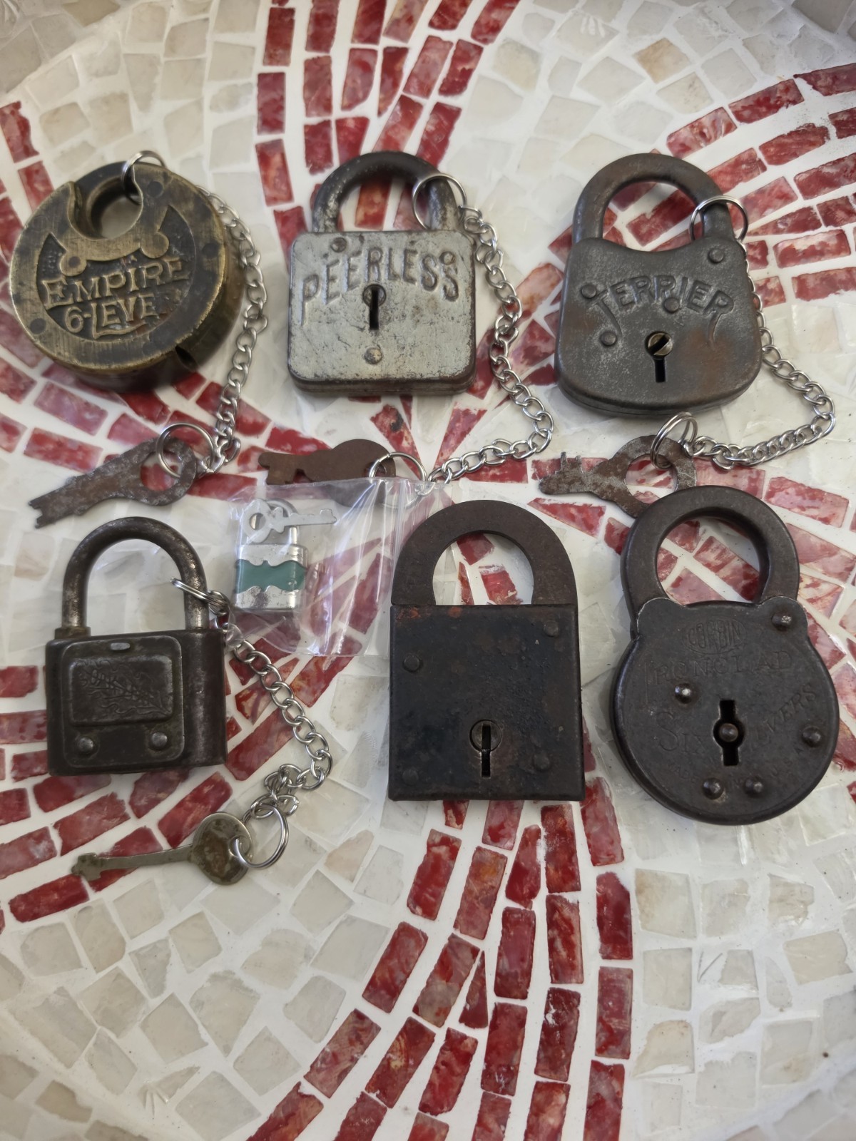 Antique/Vintage padlock lot of 7, Most have keys, Empire, Peerless, Oak, Terrier