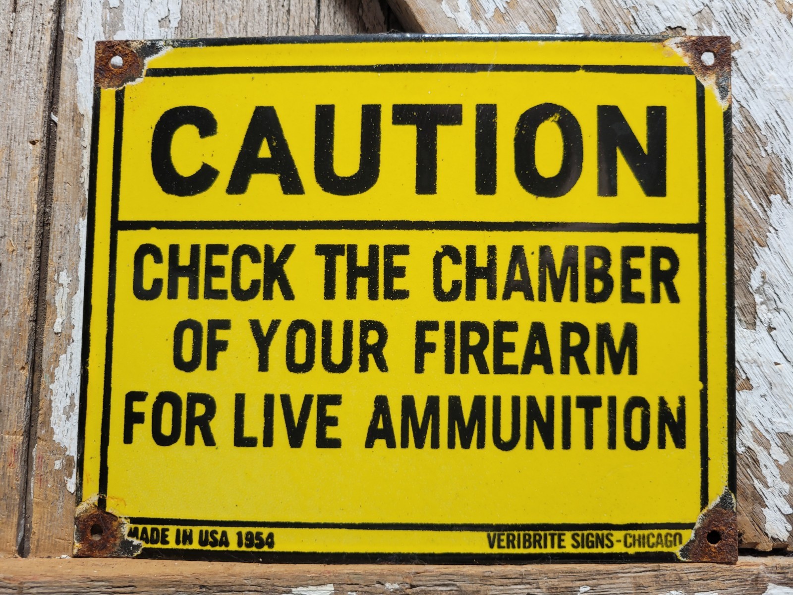 VINTAGE GUN PORCELAIN SIGN 1954 OLD CAUTION FIREARM AMMO SHOOTING RANGE VINTAGE GUN PORCELAIN SIGN 1954 OLD CAUTION FIREARM AMMO SHOOTING RANGE