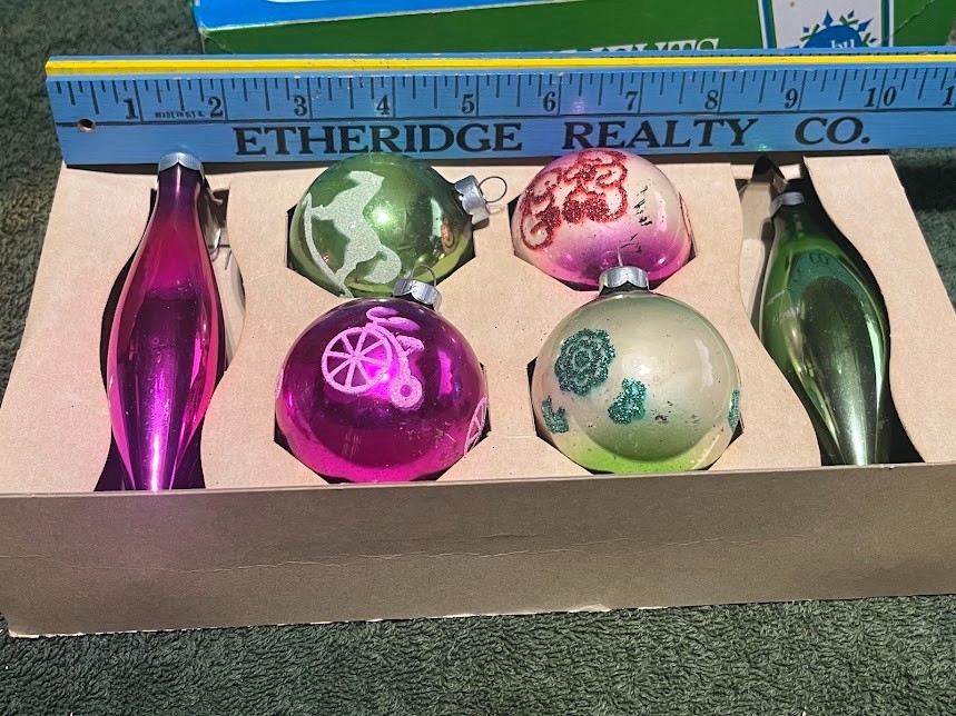 Vintage Glass Christmas Ornaments Box of 6, MID CENTURY MODERN Glitter Stencils Vintage Glass Christmas Ornaments Box of 6, MID CENTURY MODERN Glitter Stencils