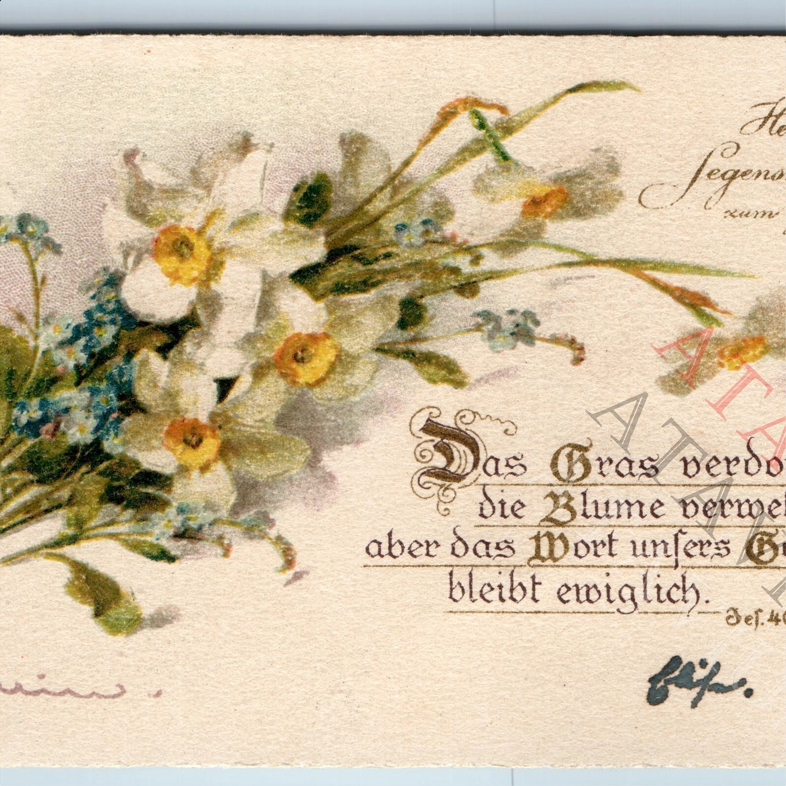 c1890s German Bible Verse Trade Card Isaiah 40:8 Floral Birthday Blessing Vtg