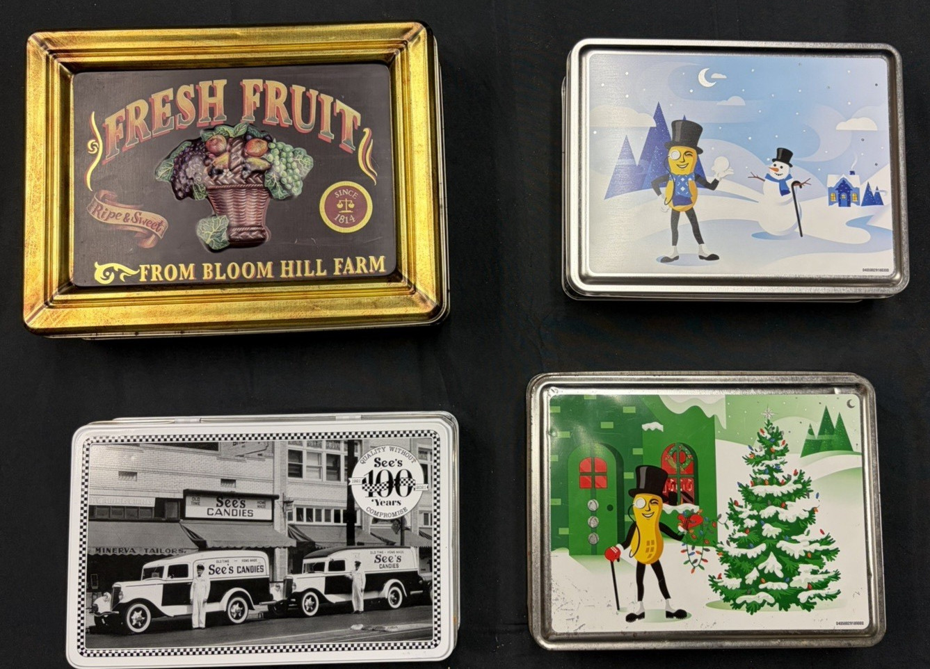 Vintage Metal Advertising Tins Lot of 4, Fruit, Planters Peanut, See's Candies Vintage Metal Advertising Tins Lot of 4, Fruit, Planters Peanut, See's Candies