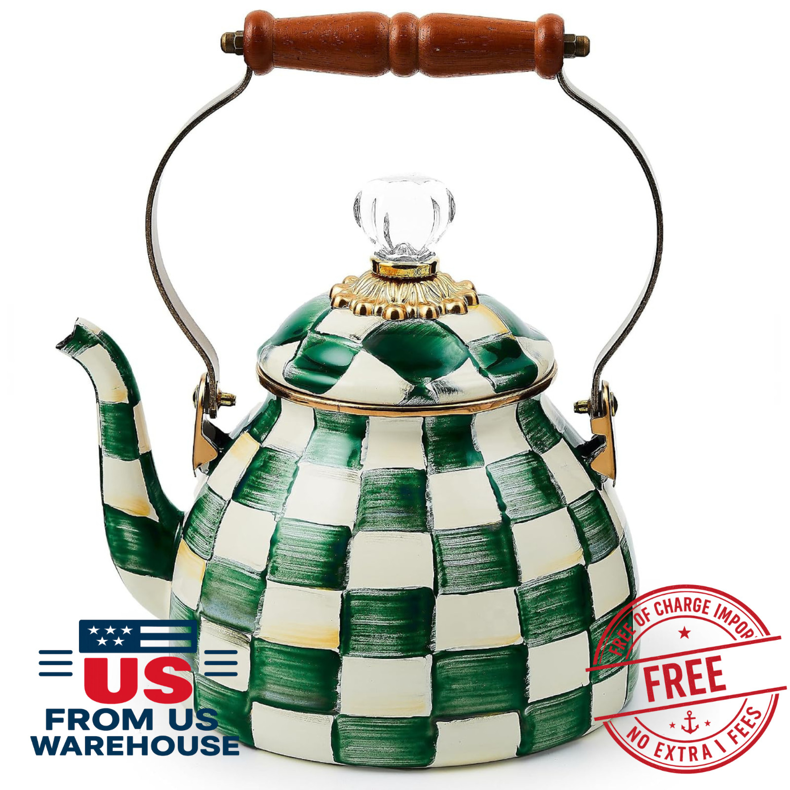 MacKenzie-Childs Emerald Check Tea Kettle 2 Qt Enamel Stovetop MacKenzie-Childs Emerald Check Tea Kettle 2 Qt Enamel Stovetop