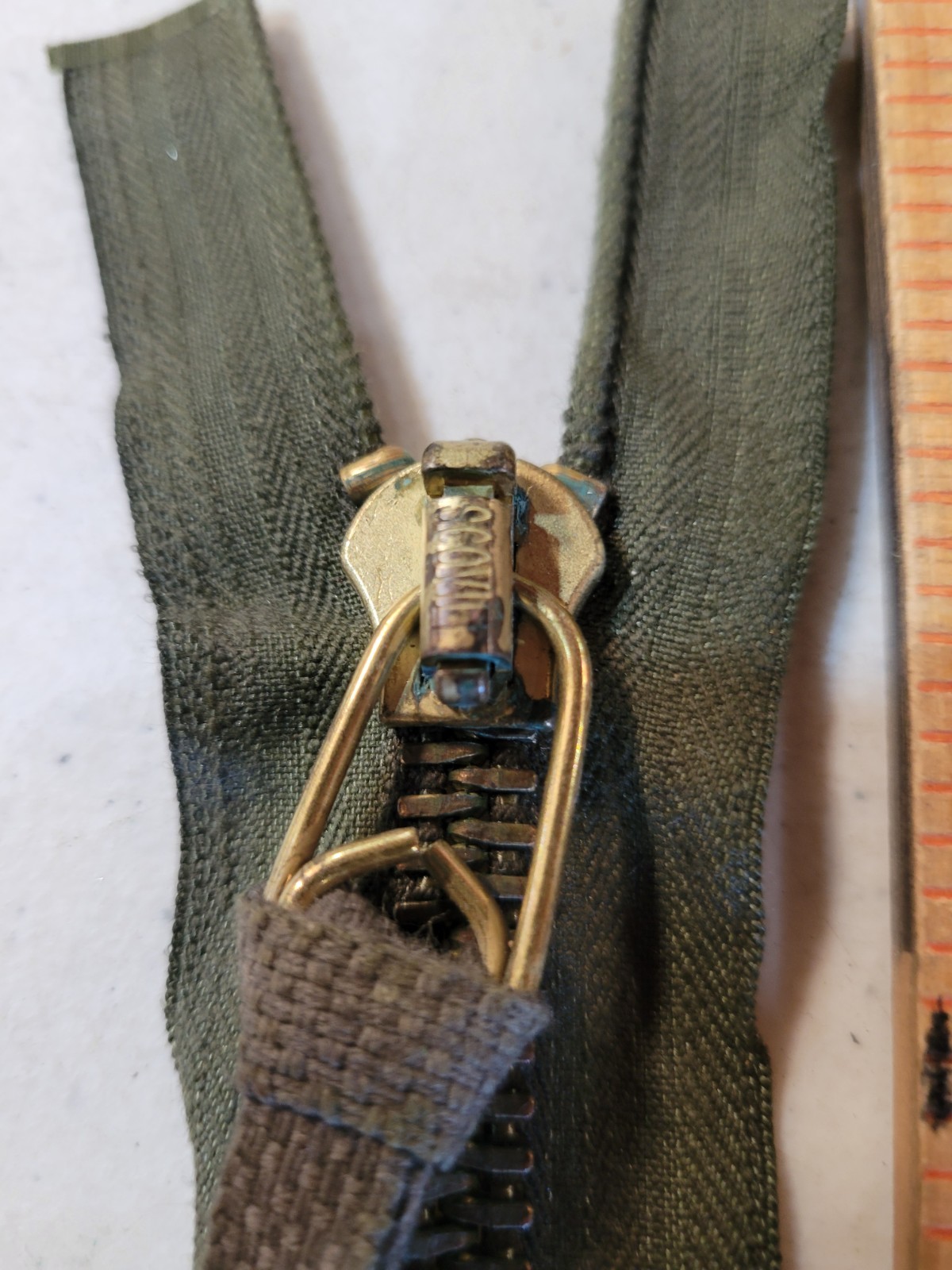 NOS 1970's Vtg Military Scovill Brass Zipper, 20" OD Green, Separating, M65 M51 NOS 1970's Vtg Military Scovill Brass Zipper, 20" OD Green, Separating, M65 M51