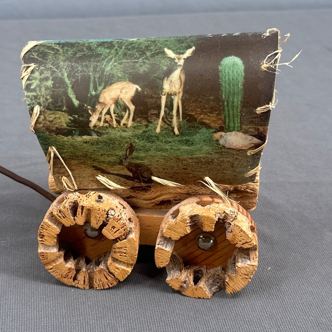 VTG Cholla Cactus Wood Covered Wagon Lamp 5" Rustic Southwest Deer Old West USA VTG Cholla Cactus Wood Covered Wagon Lamp 5" Rustic Southwest Deer Old West USA
