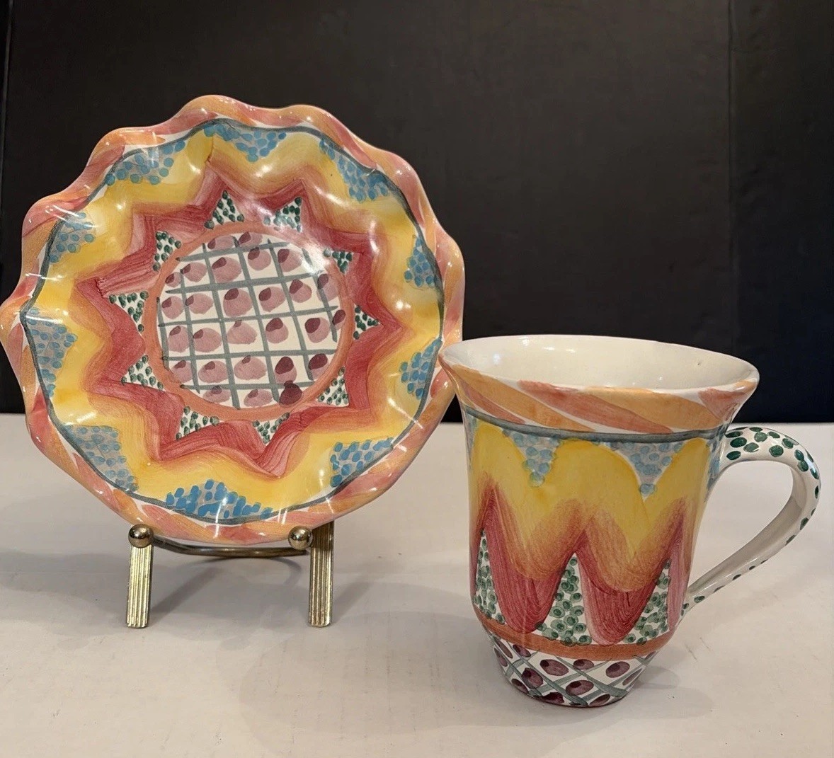 Vtg MacKenzie-Childs Keukenhof Ceramic Mug Cup & 7.5” Ruffled Saucer Plate Set 2