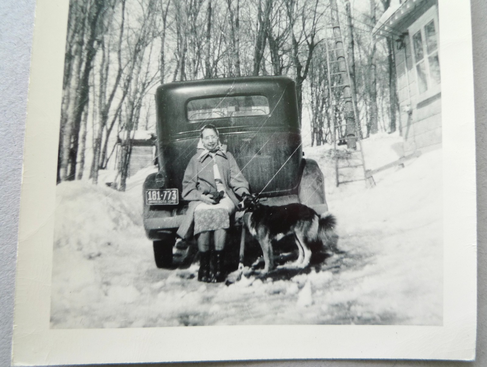 Antique 1948 automobile Minnesota plate woman with dog snow vintage orig photo Antique 1948 automobile Minnesota plate woman with dog snow vintage orig photo
